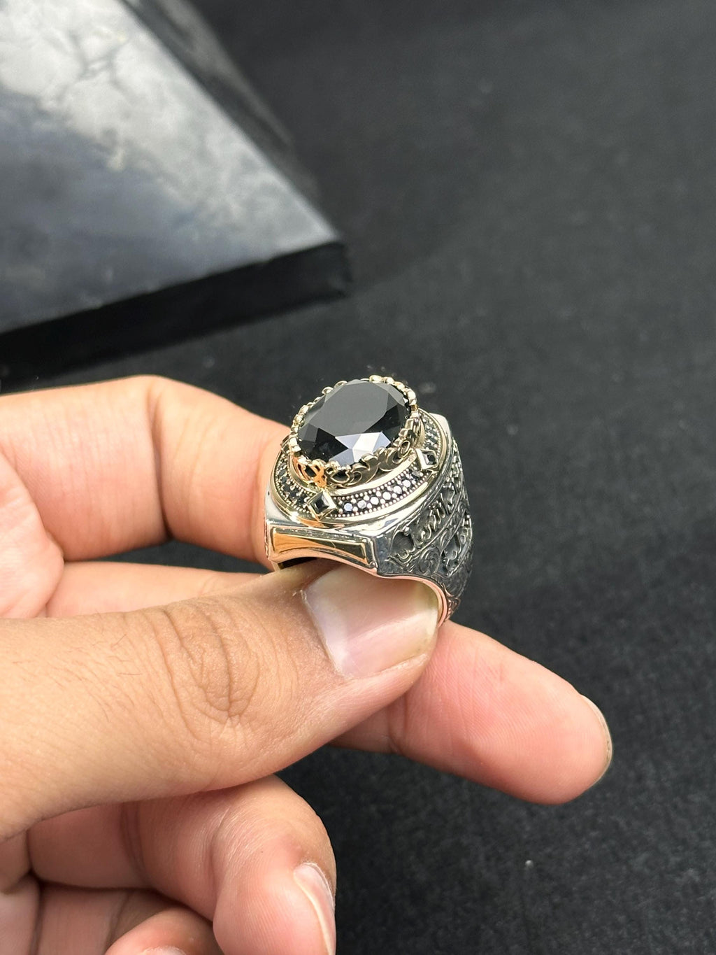 Arabic Calligraphy Ring: Sterling Silver with CZ Stone (Men's Size)