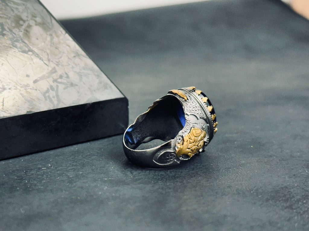 Sterling Silver Ring: Blue Zirconium Stone - Hand Engraved King Theme