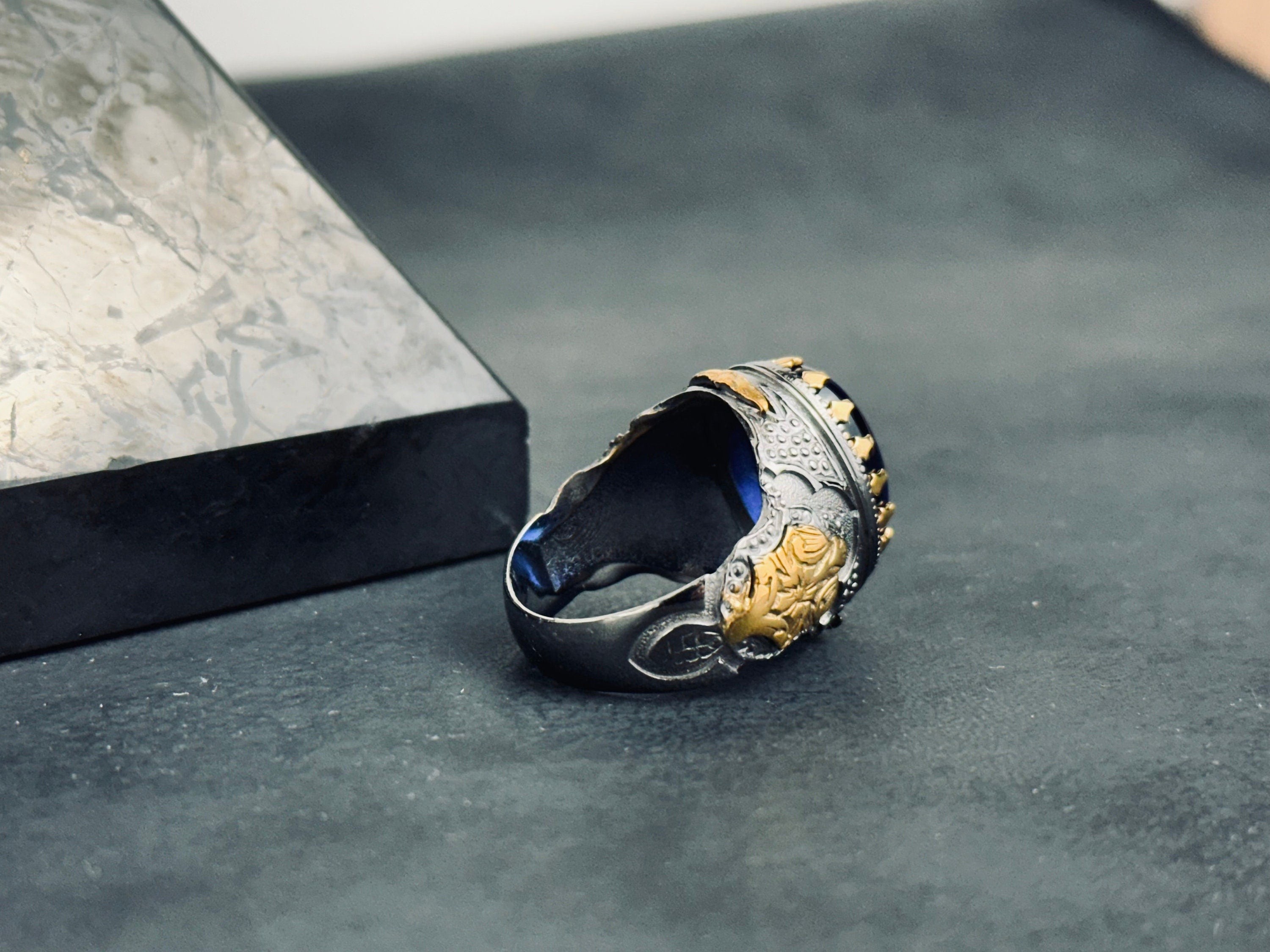 Sterling Silver Ring: Blue Zirconium Stone - Hand Engraved King Theme