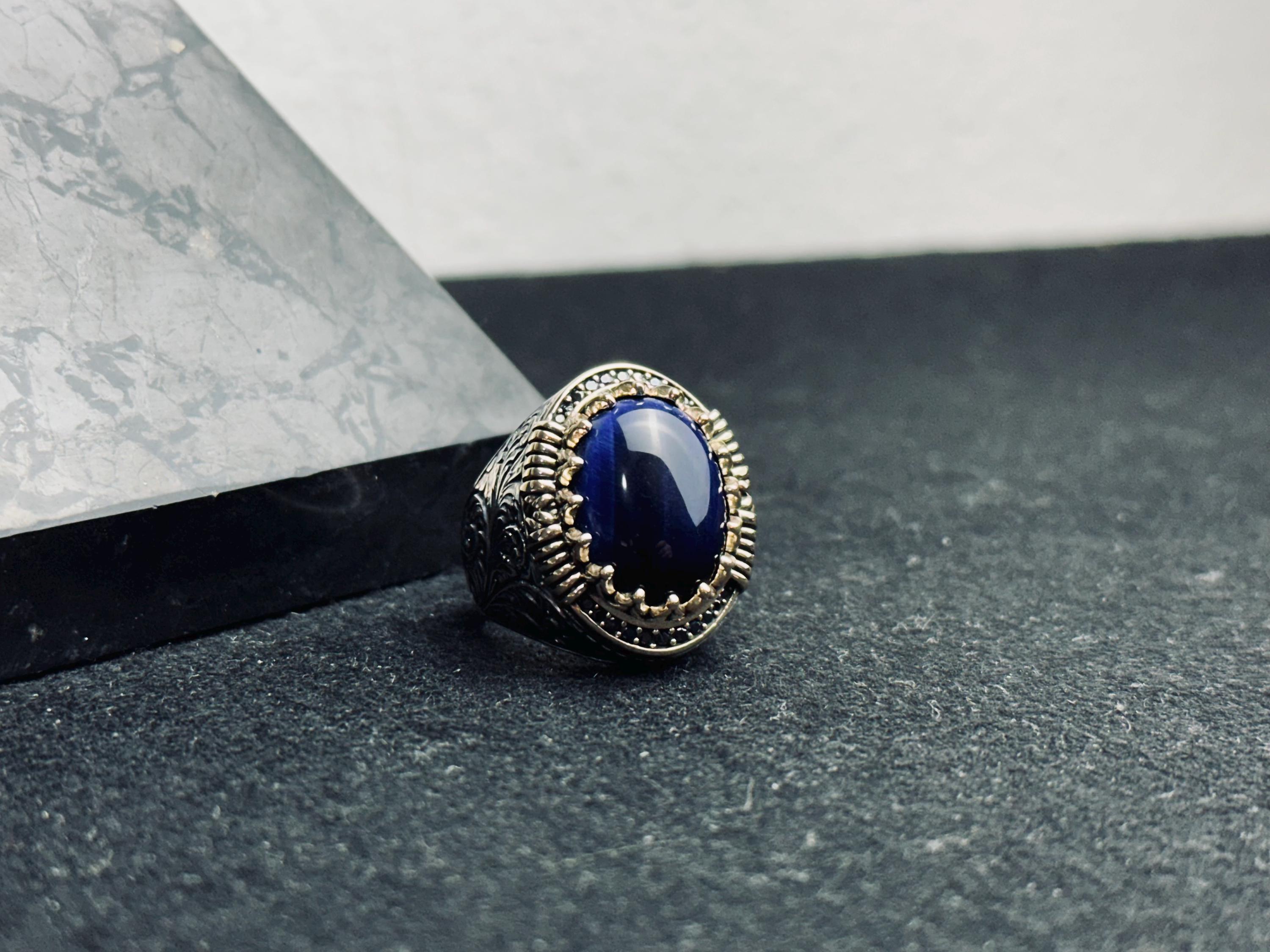 Viking Sapphire Ring, Dragon Engraved, Sterling Silver (Men's Size)