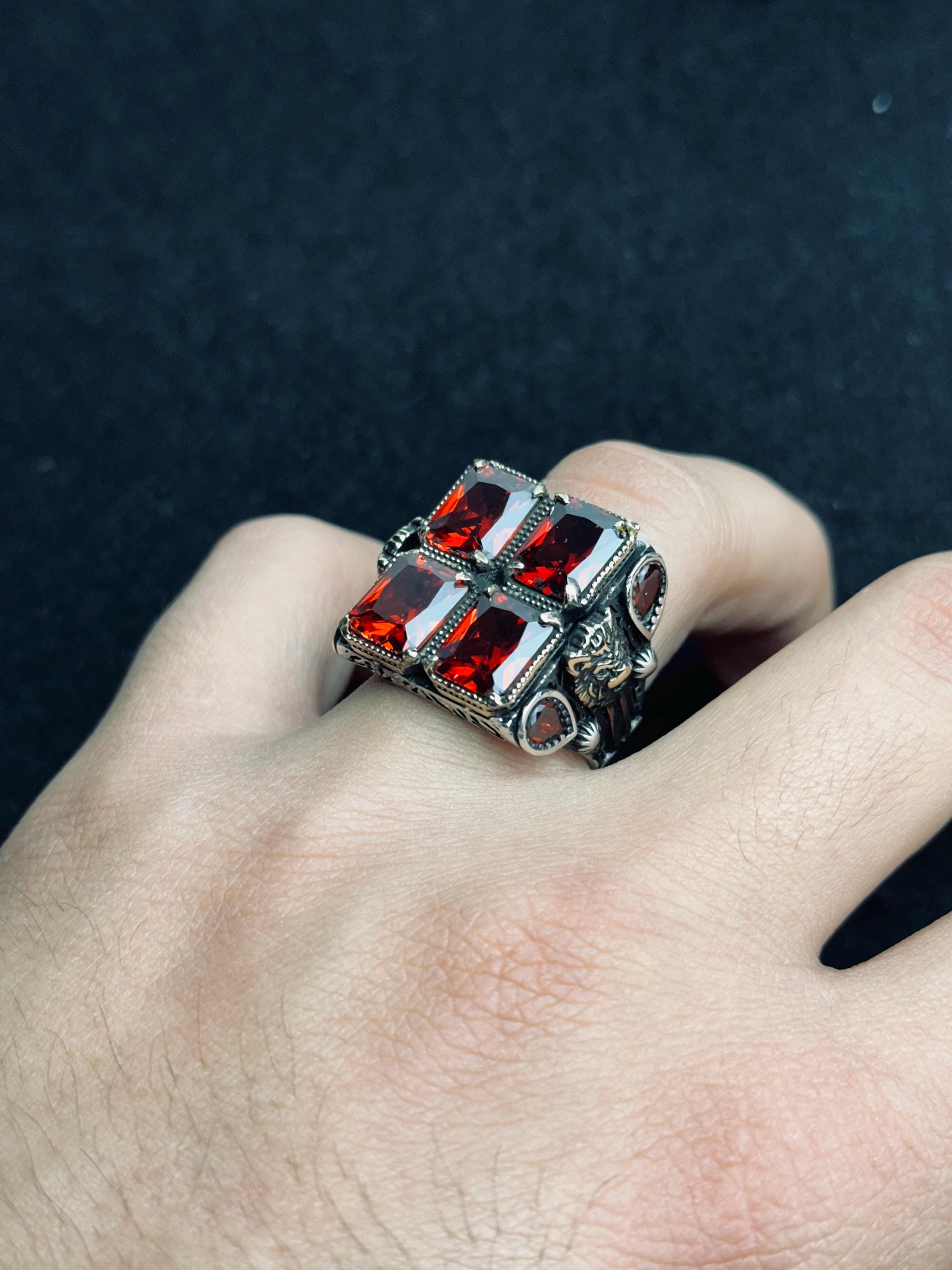 Men’s Ruby Ring, Sterling Silver, Bold Square Red Gemstone (Handmade)