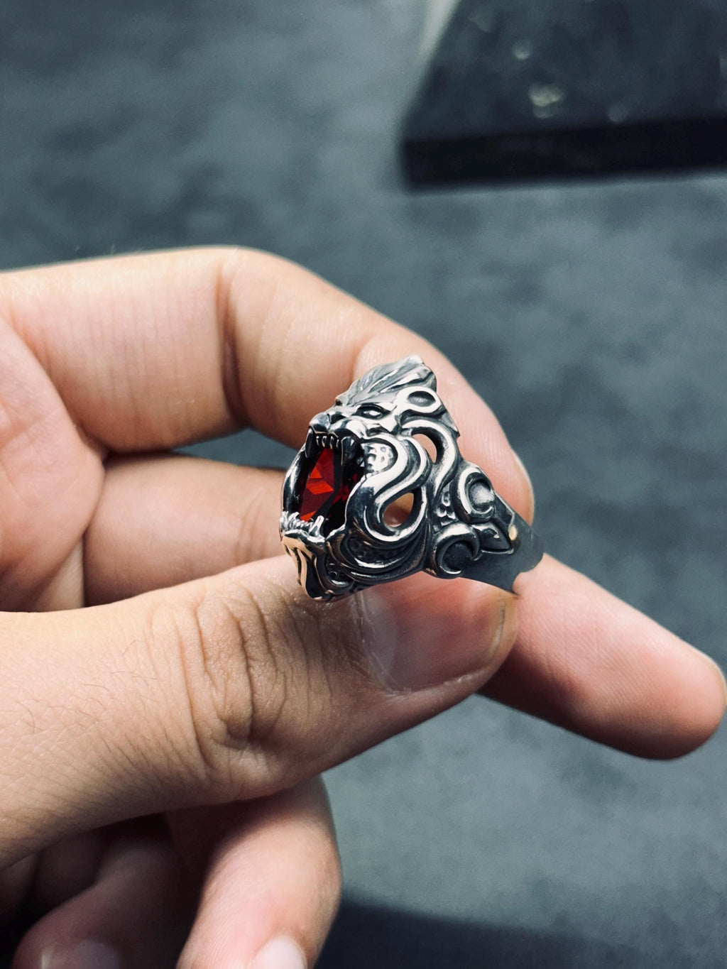 Boho Sterling Silver Lion Ring, Red Cubic Zirconia (Oxidized Finish)