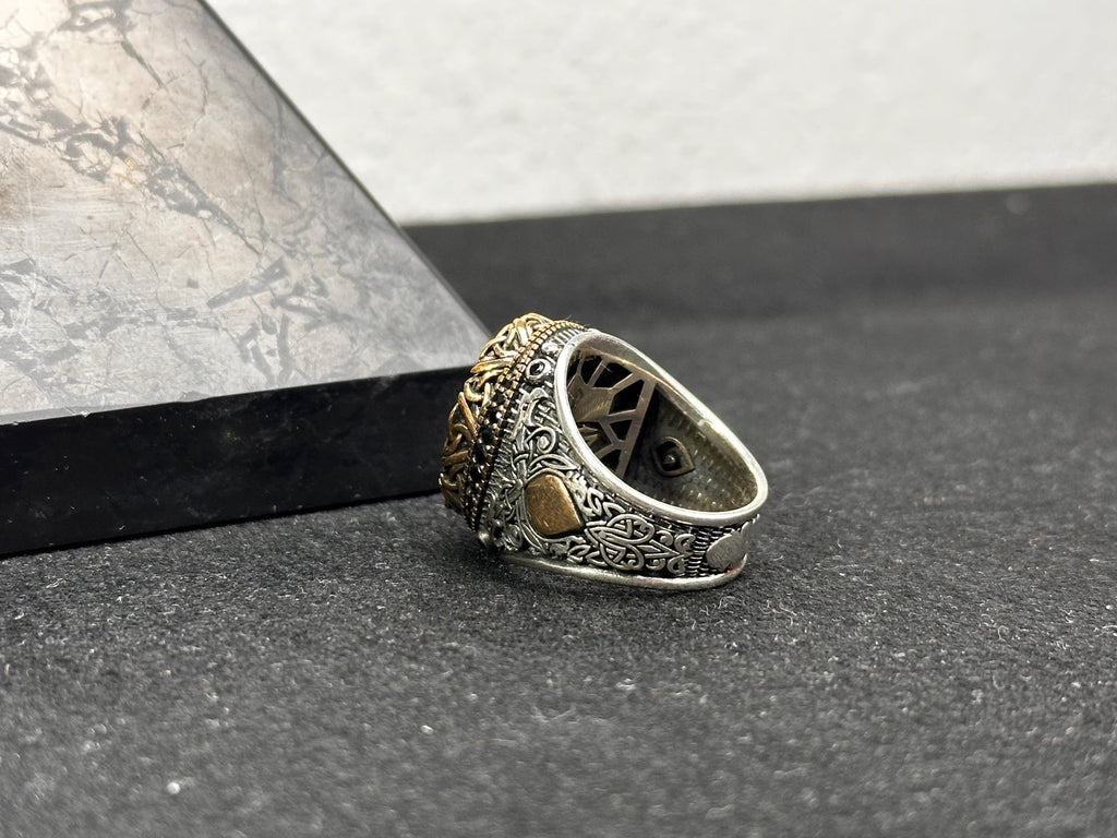 Men's Black Zircon Ring, Sterling Silver Oval (Handmade, Engraved)