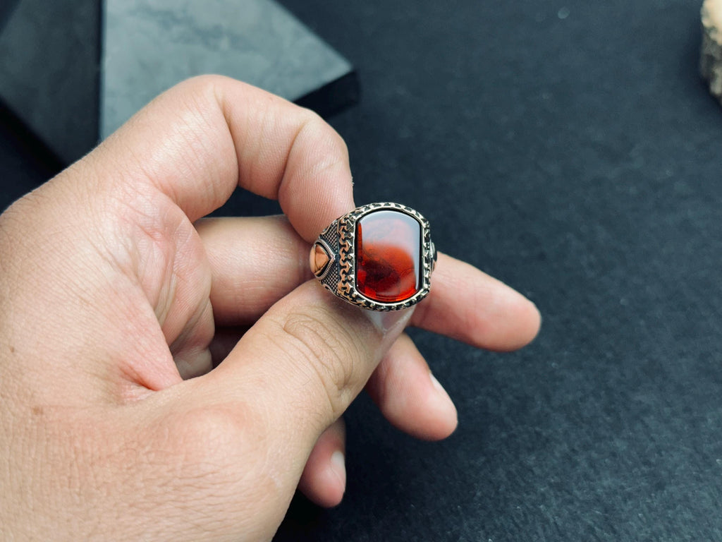 Men’s Baltic Amber Ring: Square Red Gem - Handmade Sterling Silver