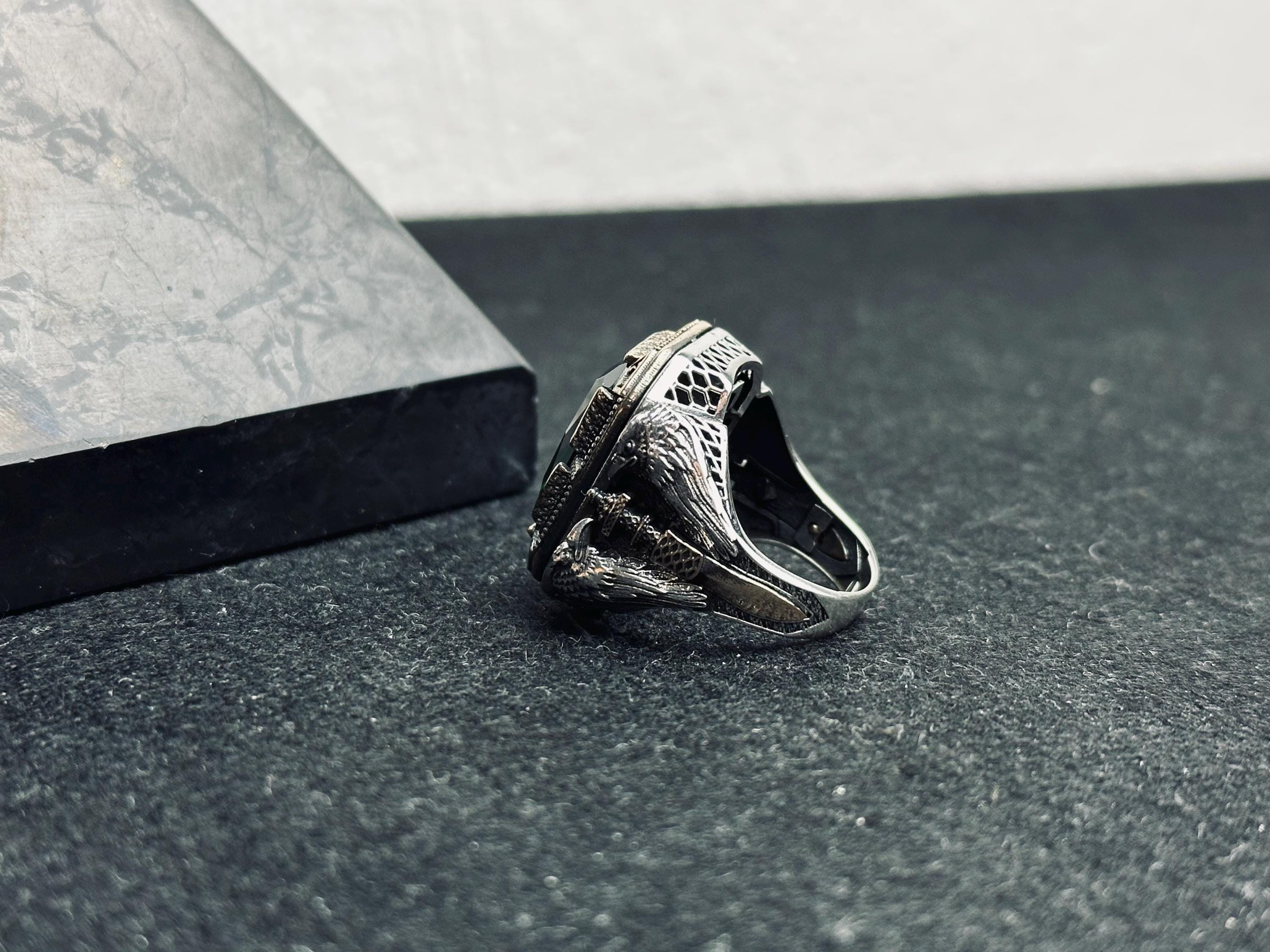 Colombian Emerald Ring for Men: Eagle-Accented Sterling Silver