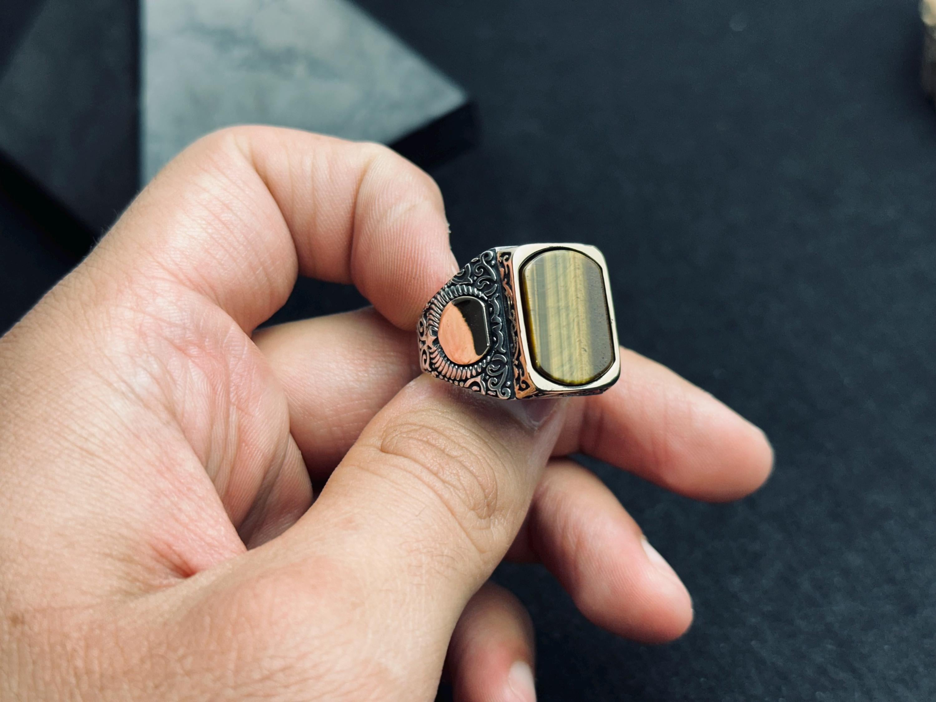 Sterling Silver Men's Ring: Square Tiger Eye Gemstone