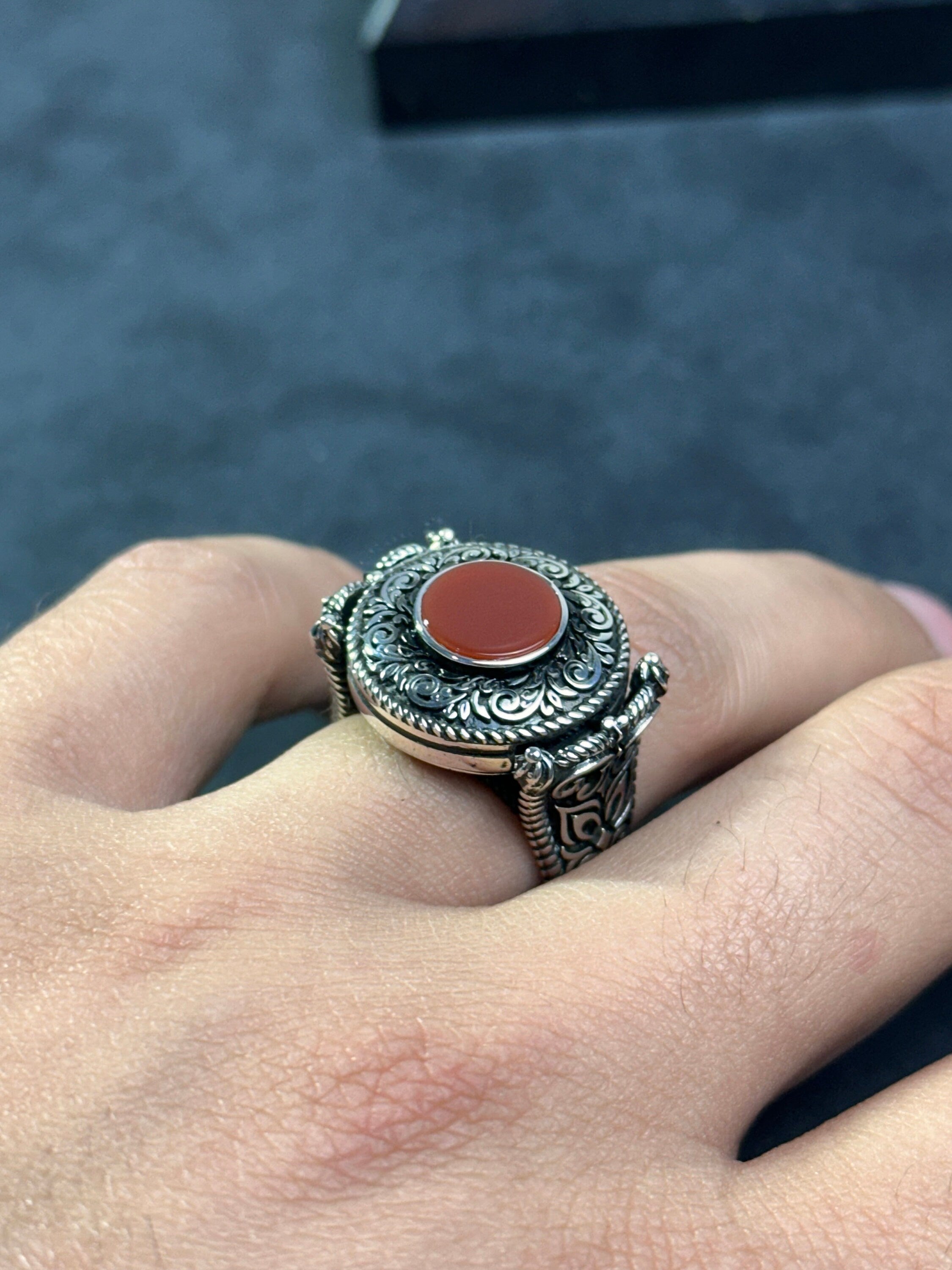 Men's Red Agate Ring, Sterling Silver Engraved (Everyday Wear)