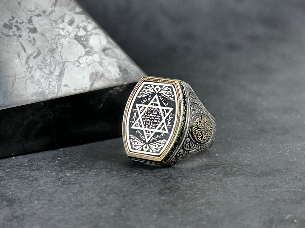 Sterling Silver Seal of Solomon Ring: Green Zircon Spiritual Design