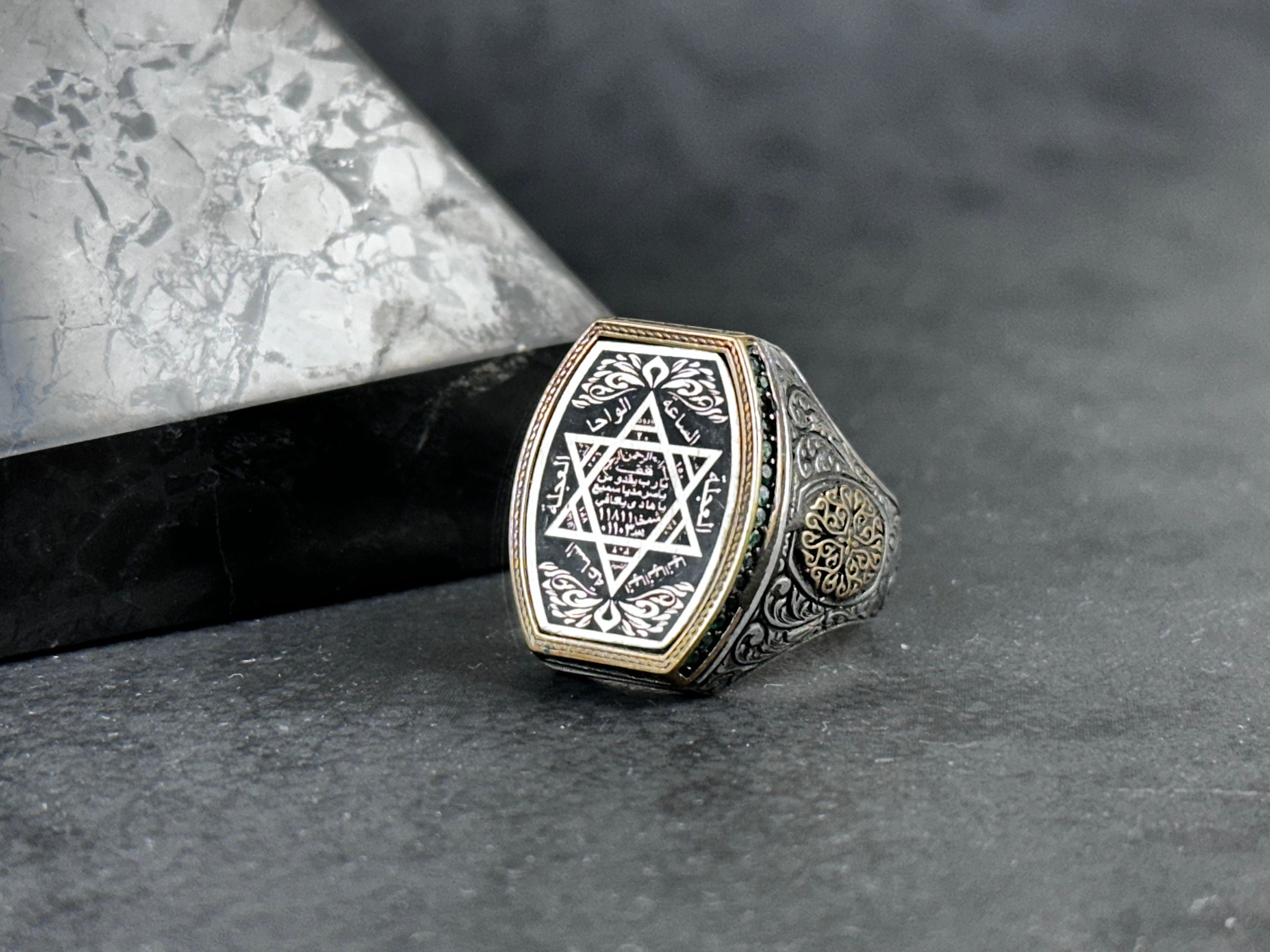 Sterling Silver Seal of Solomon Ring: Green Zircon Spiritual Design