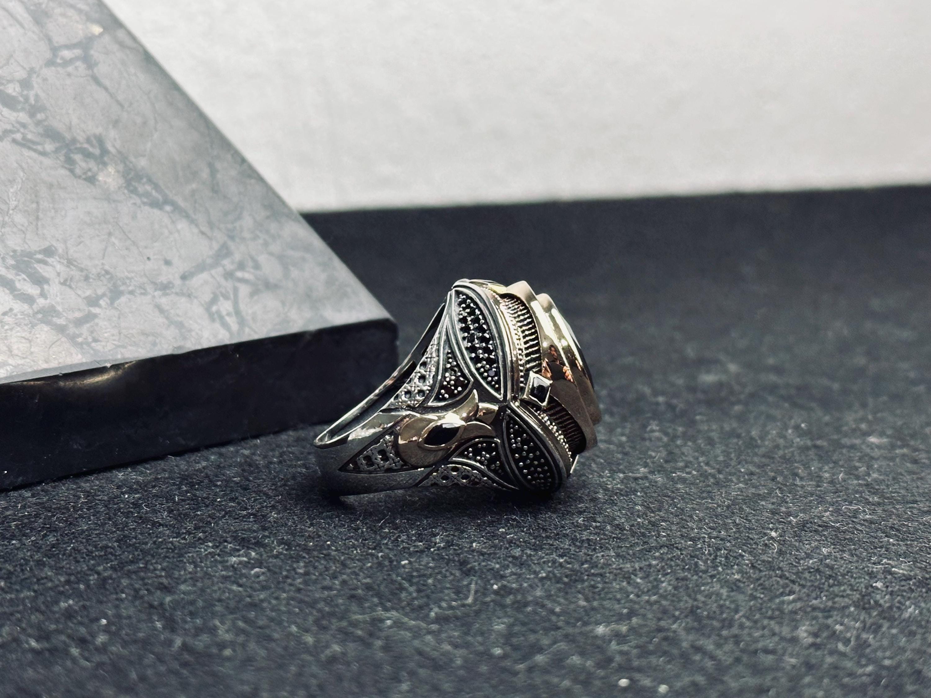 Sterling Silver Men's Ring: Black Zircon Stone (Handmade, Turkish Style)