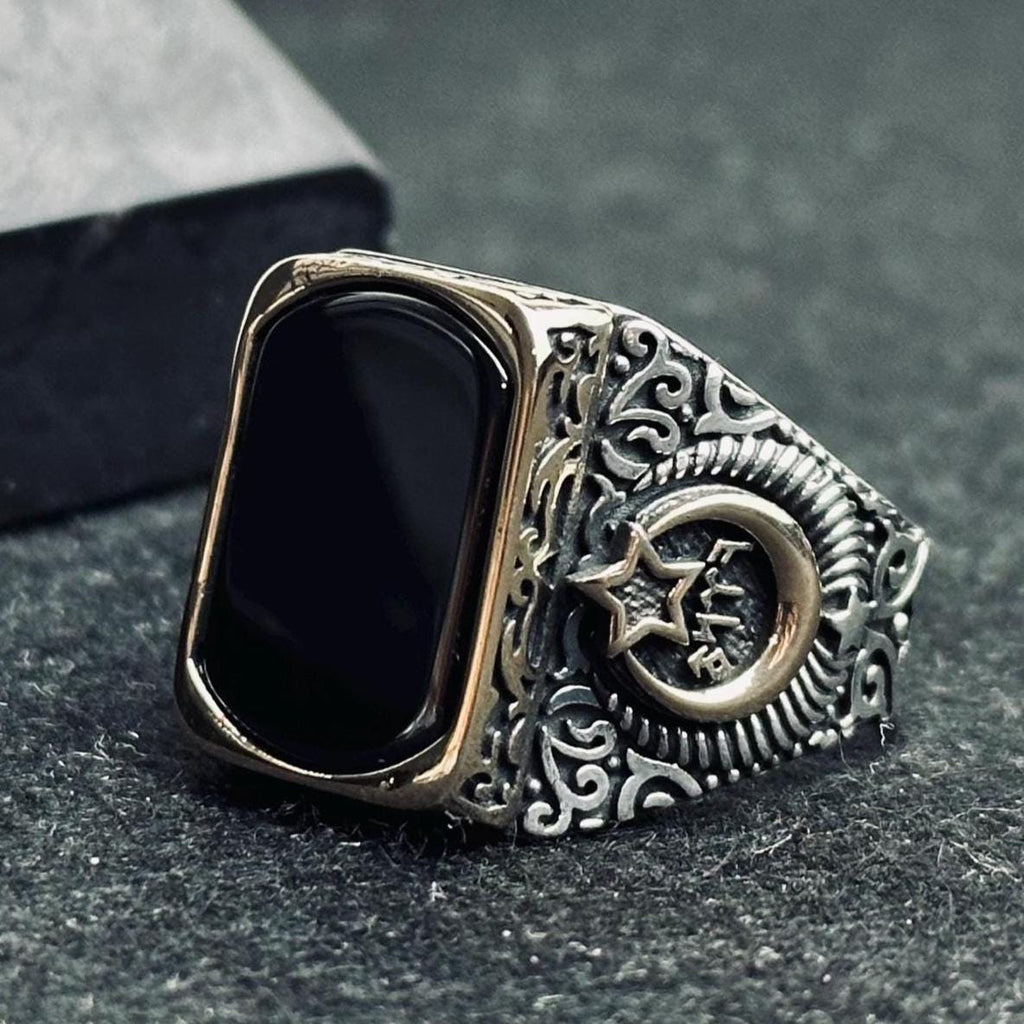 Men's Onyx Ring: Square Ottoman Design - Sterling Silver