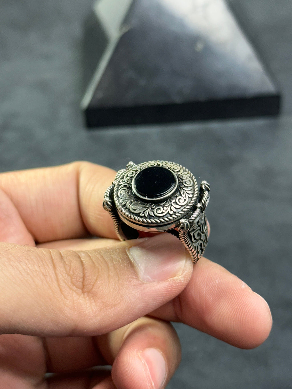 Engraved Greek Onyx Ring: Sterling Silver Flat Black Stone