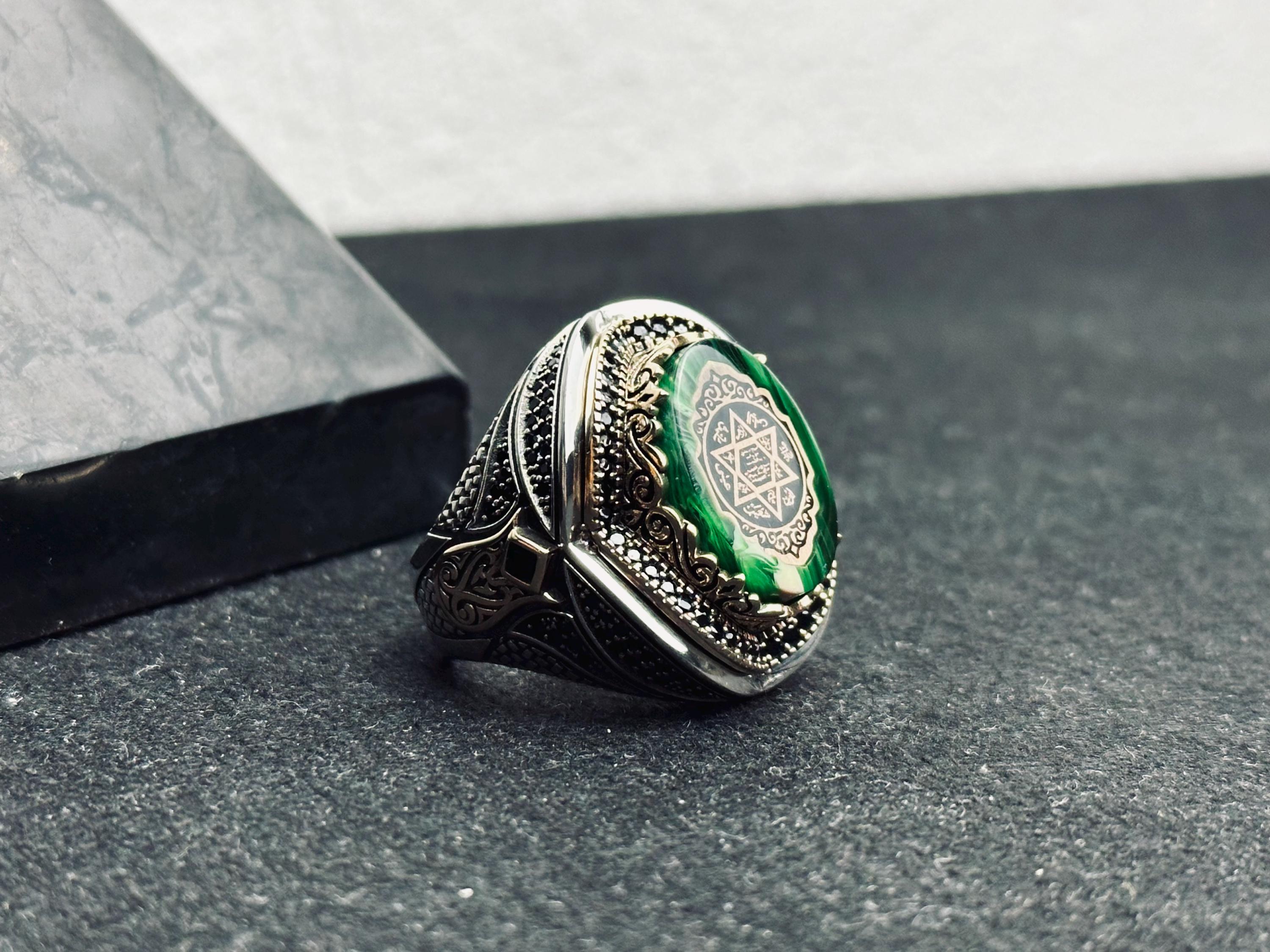 Solomon Seal Ring: Handmade Sterling Silver with Green Amber