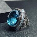 Oval Aquamarine Ring for Men - Bold Vintage Sterling Silver
