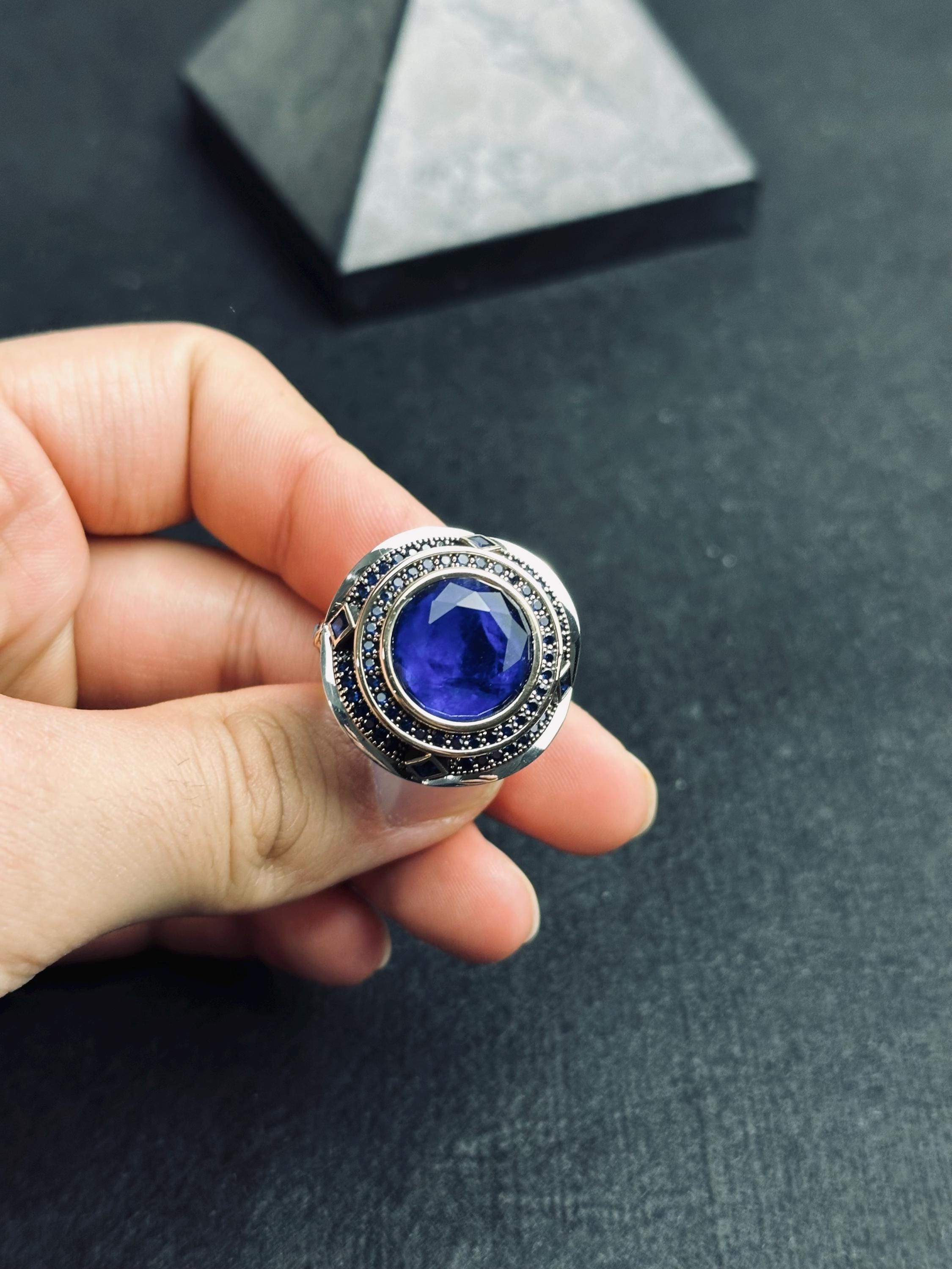 Men's Sterling Silver Ring: Blue Zircon Stone - Handmade Turkish Design