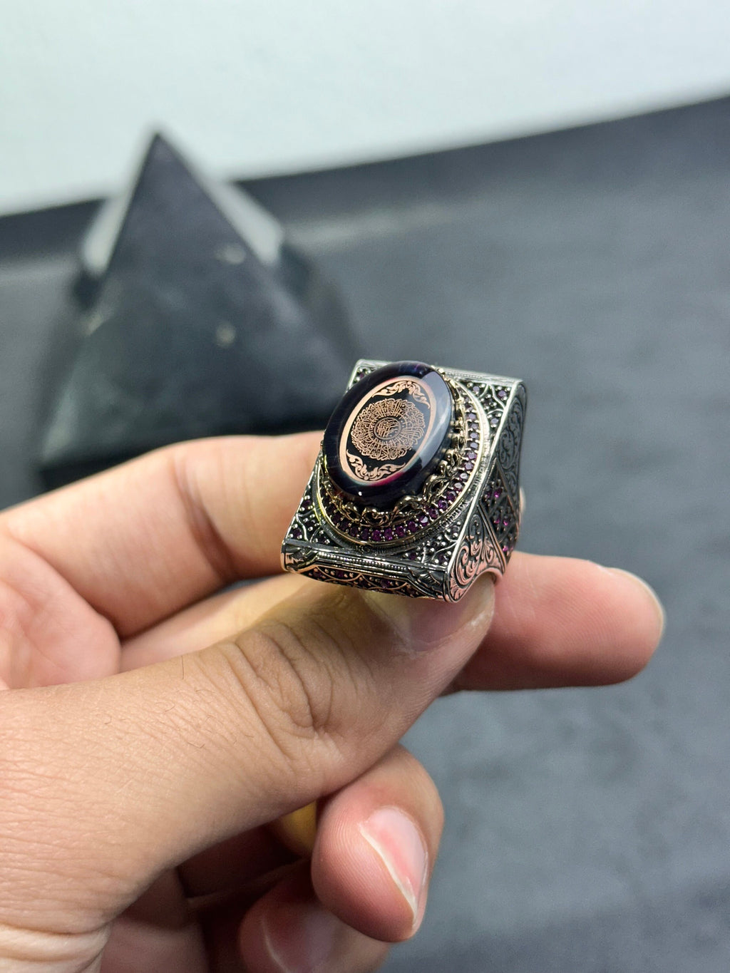 Sterling Silver Amber Ring - Handmade Arabic Inshirah Statement