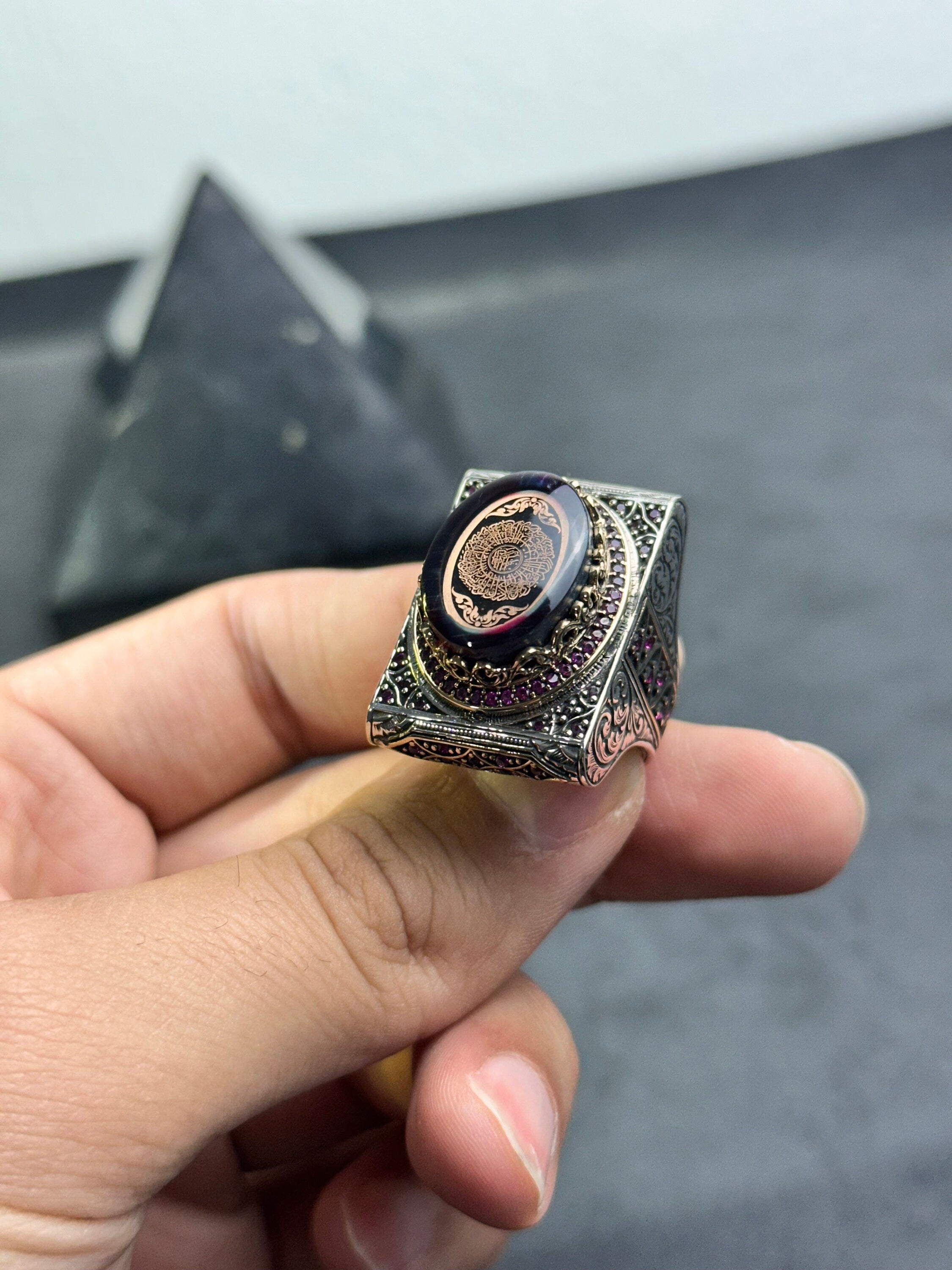 Sterling Silver Amber Ring - Handmade Arabic Inshirah Statement