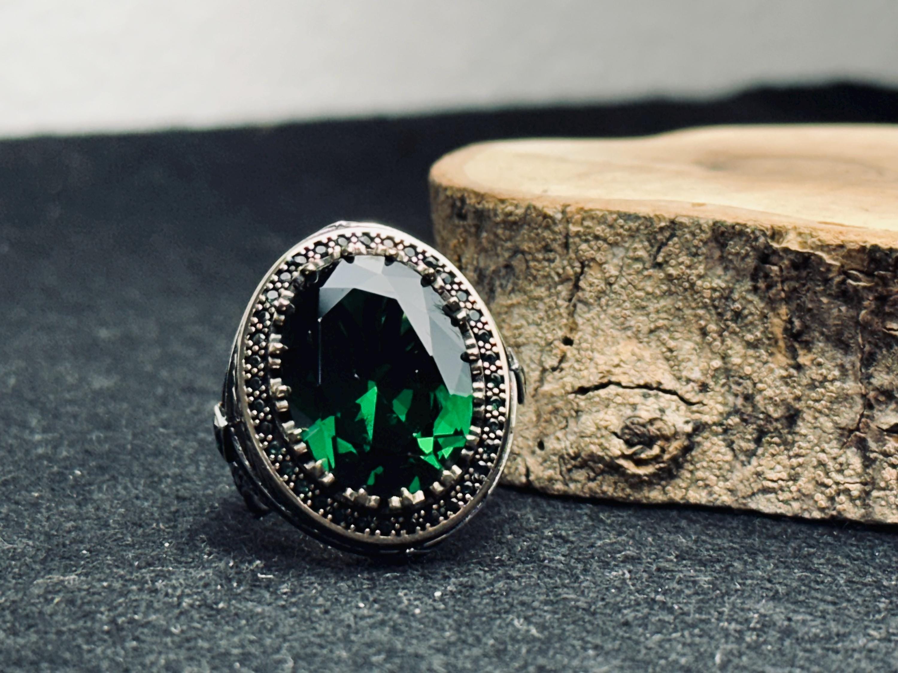 Emerald Statement Ring: Colombian Stone Men's Jewelry (Sterling Silver)