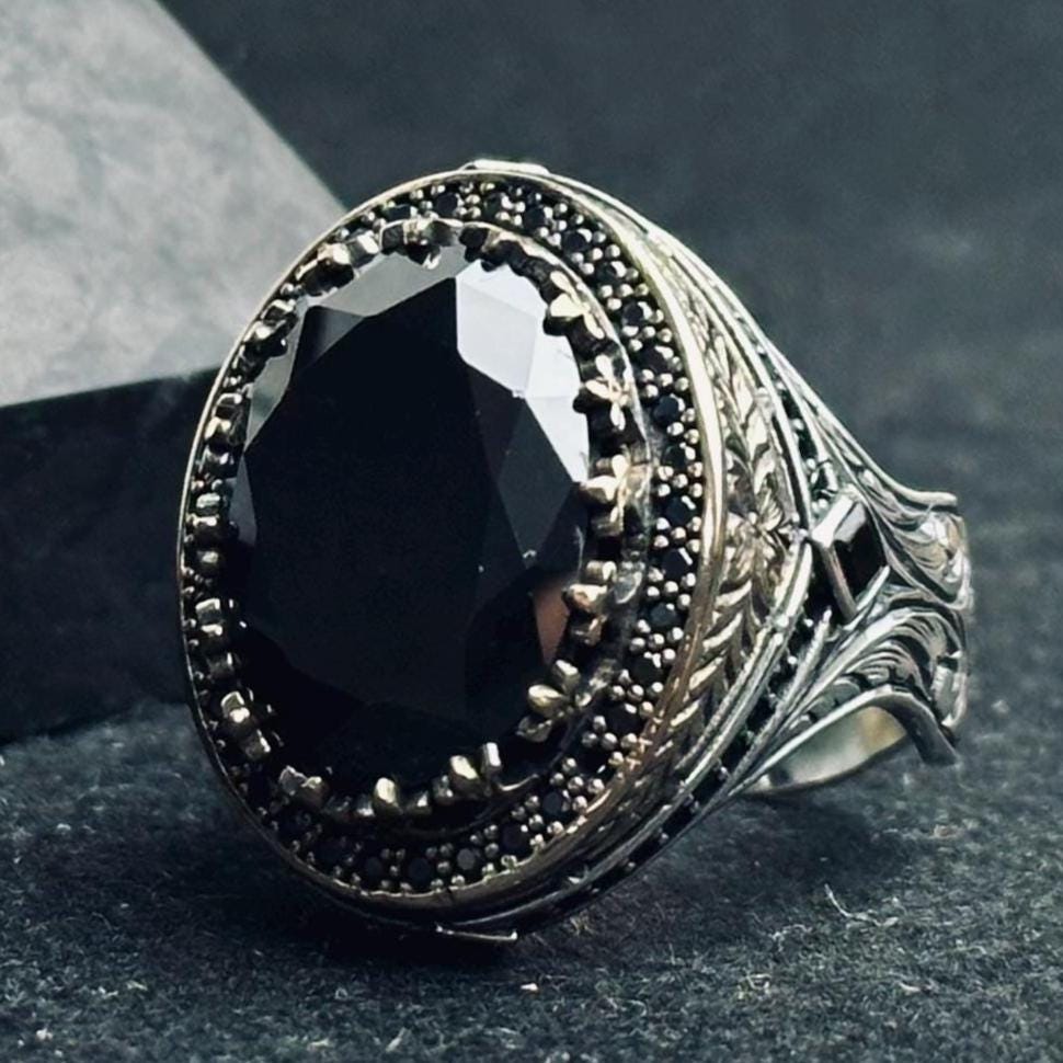 Oxidized Sterling Silver Ring: Handmade Zircon Men's Jewelry