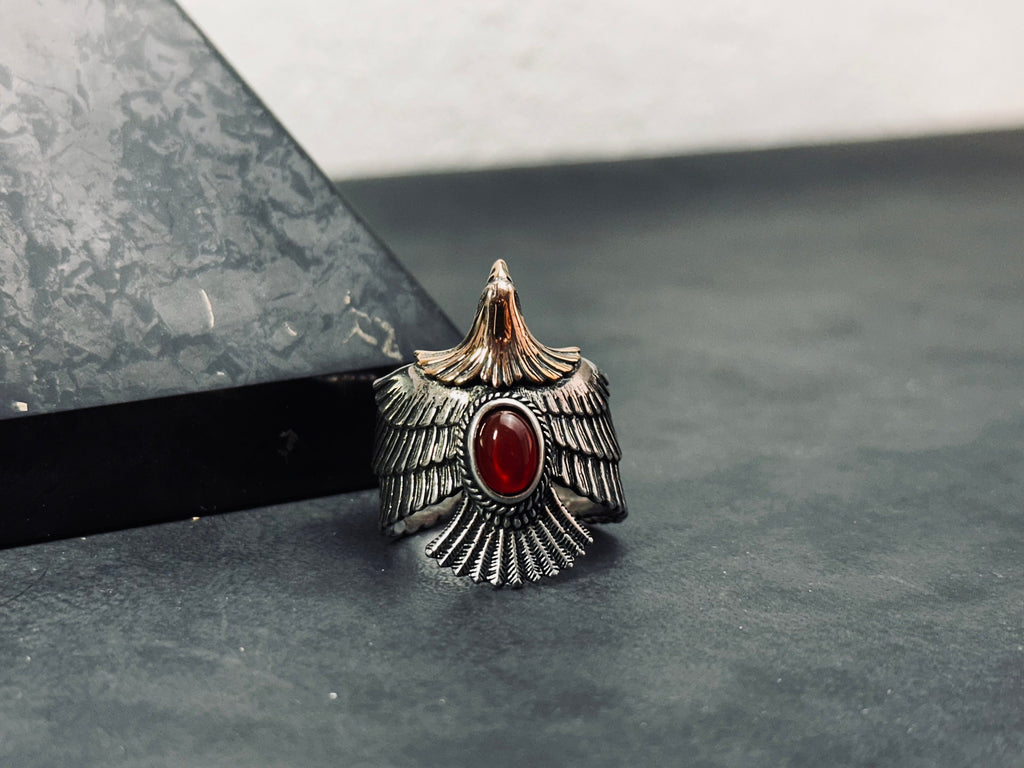 Oxidized Eagle Ring - Sterling Silver, Adjustable with Agate Gemstone