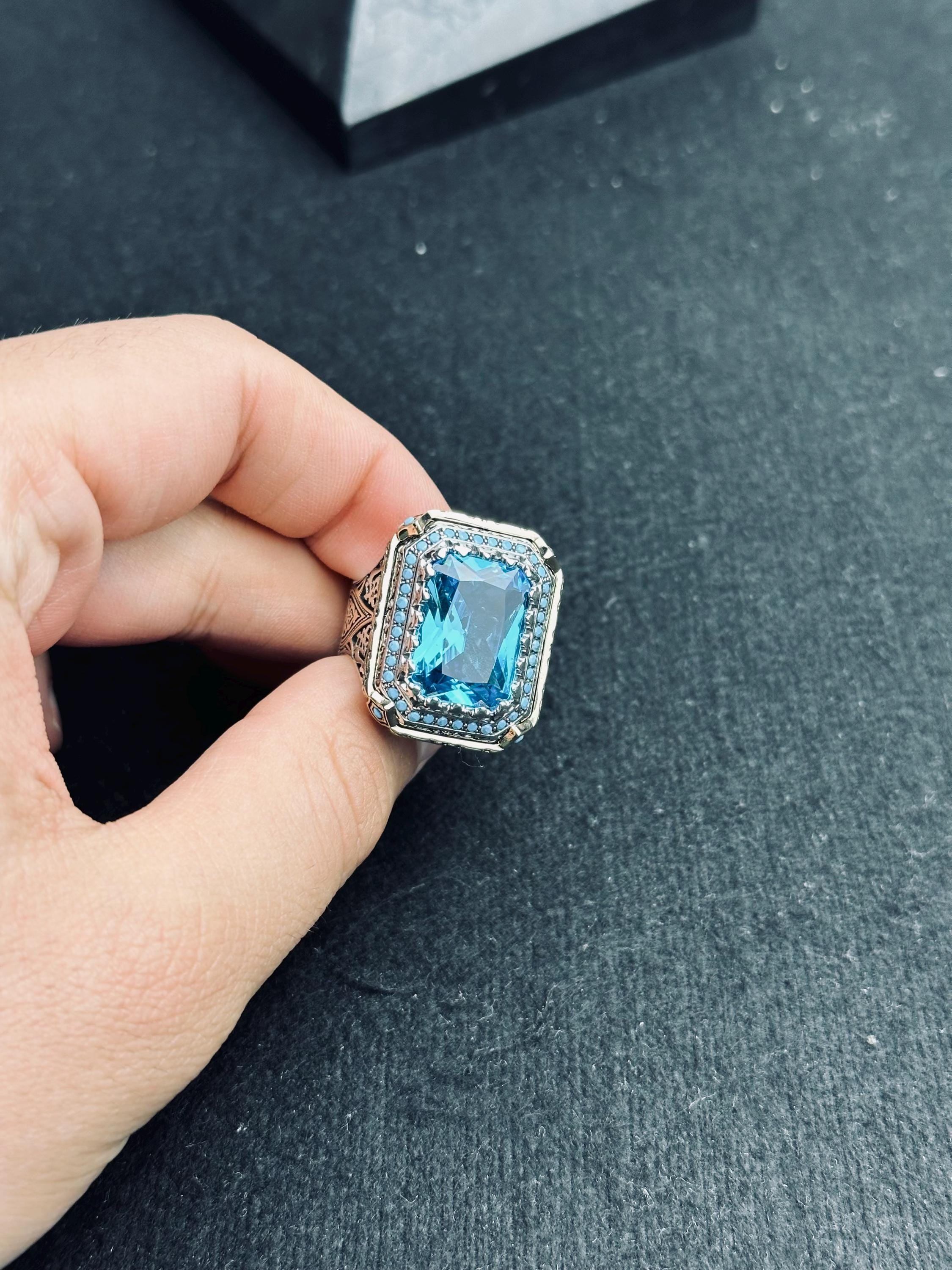 Aquamarine Men's Ring - Handmade Sterling Silver Lion Design