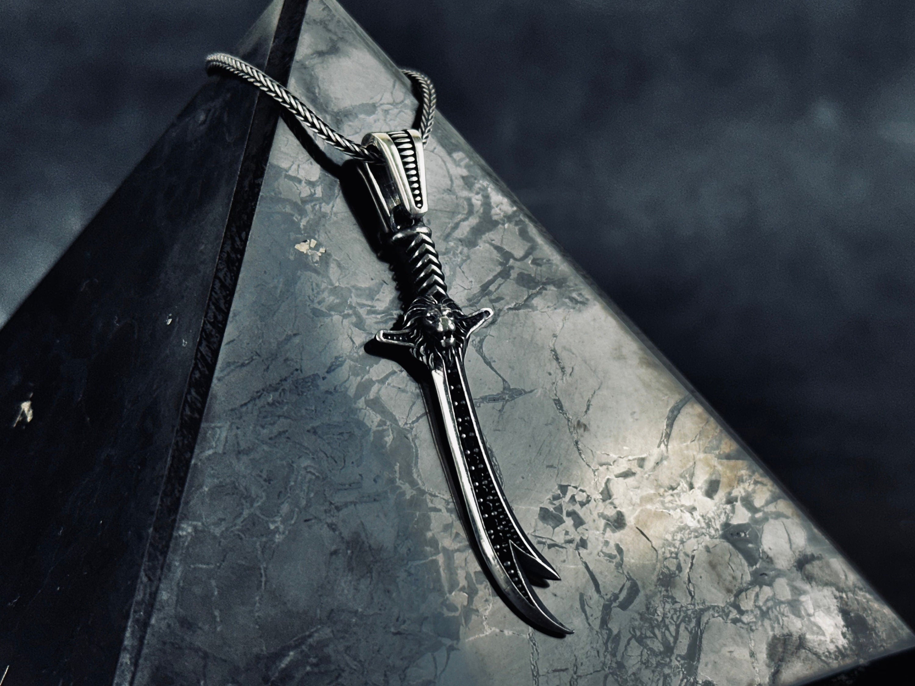 Zulfiqar Sword Necklace: Silver Lion Head Pendant - Islamic Jewelry