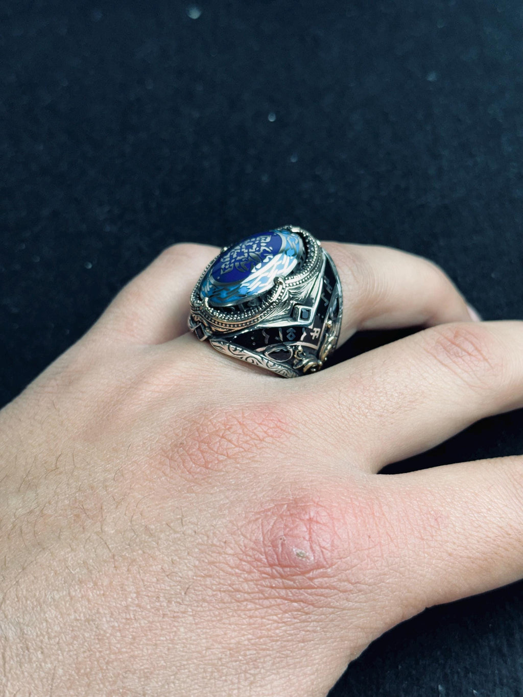 Sterling Silver Blue Stone Ottoman Ring, Islamic Calligraphy Men Ring, Turkish Handmade Jewelry, Ramadan Gift, Statement Signet Ring