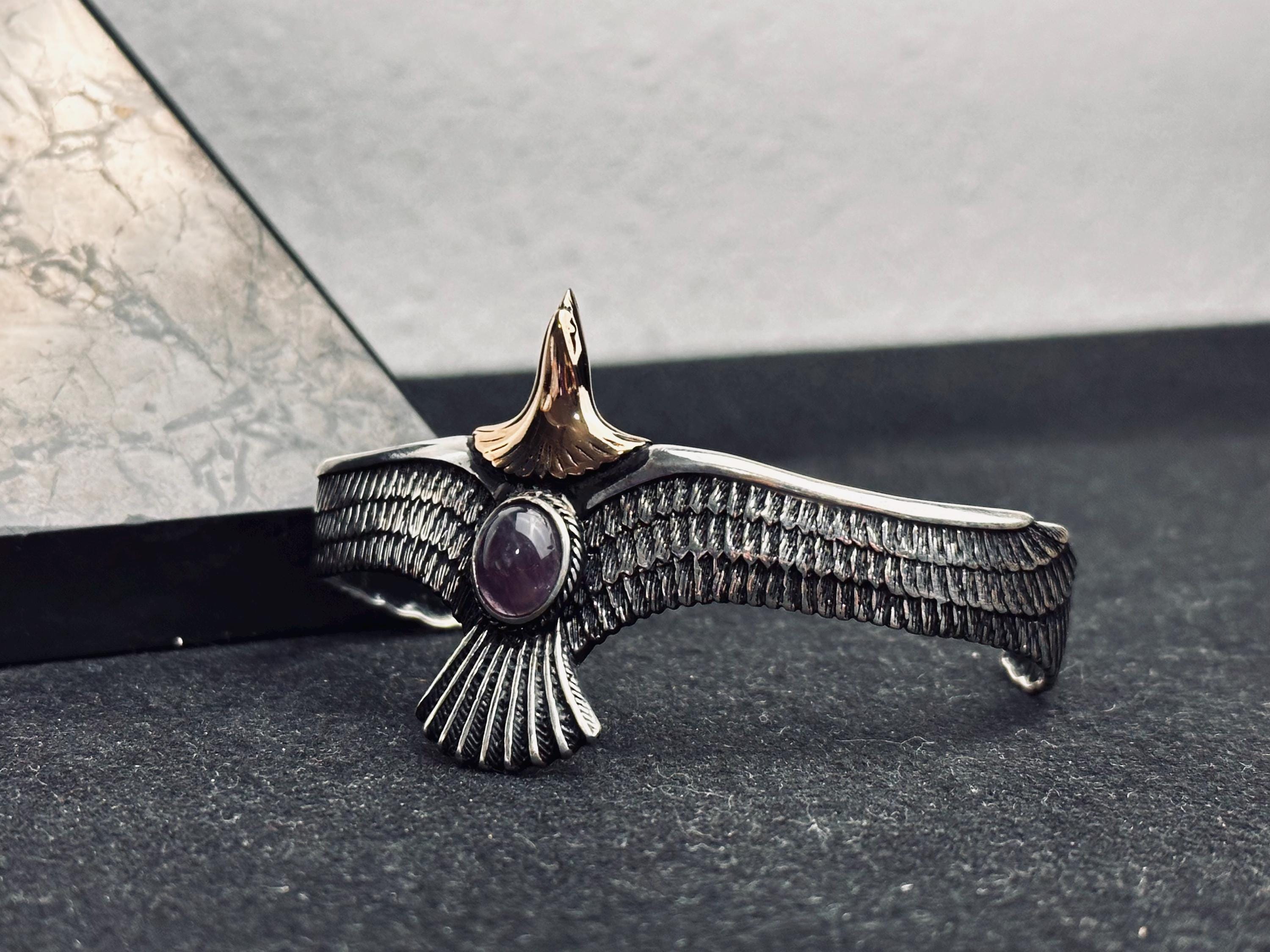 Eagle Amethyst Bracelet: Sterling Silver Cuff (Adjustable, Handmade)