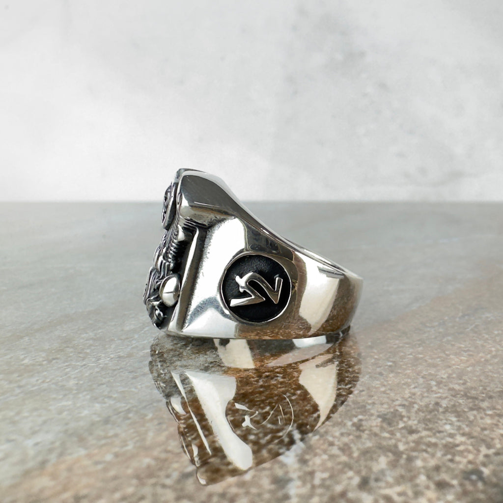 Engine Skull Motorcycle Ring: Handmade Sterling Silver