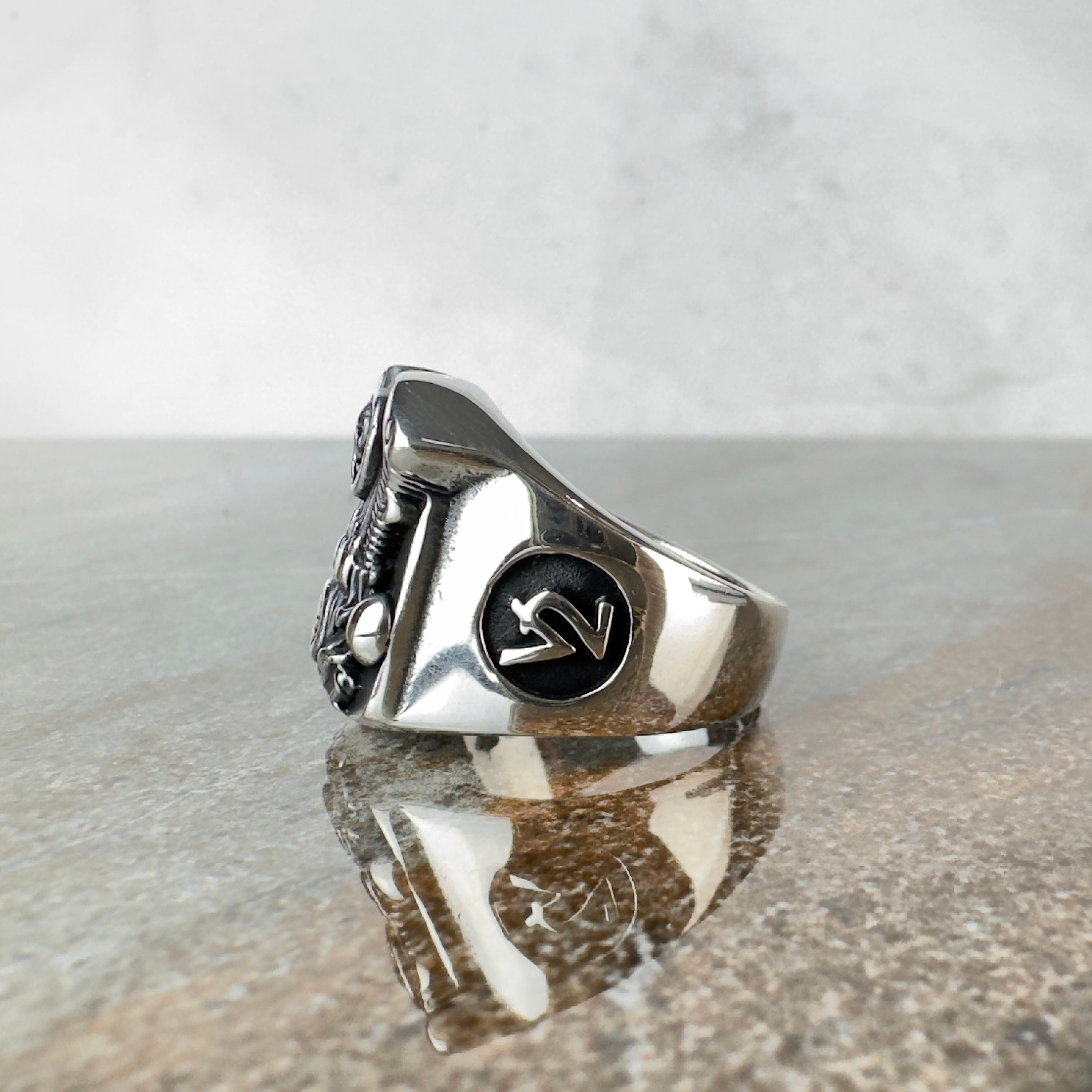 Engine Skull Motorcycle Ring: Handmade Sterling Silver