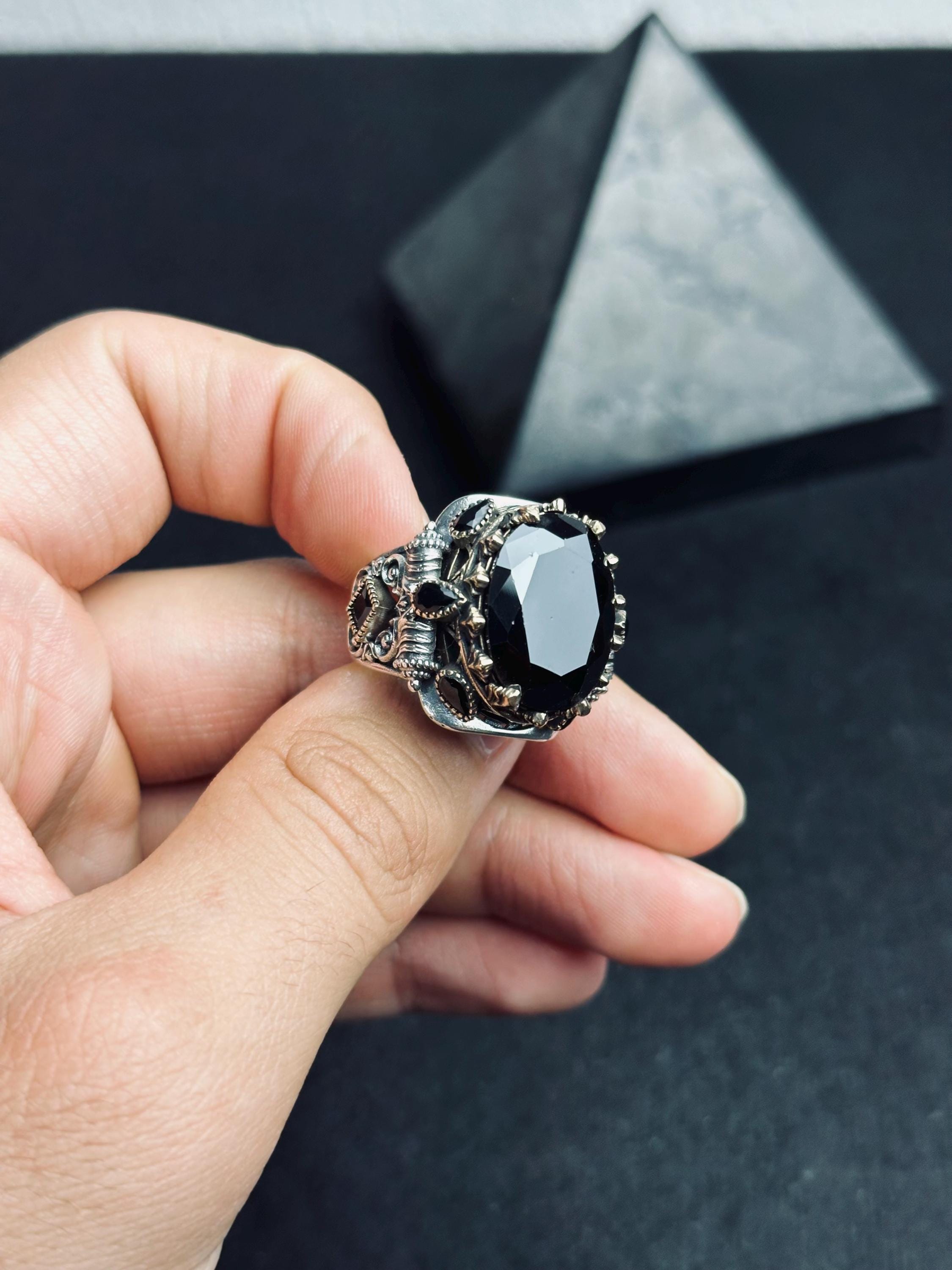 Turkish Handmade Men's Ring, Black Zircon Geometric (Sterling Silver)