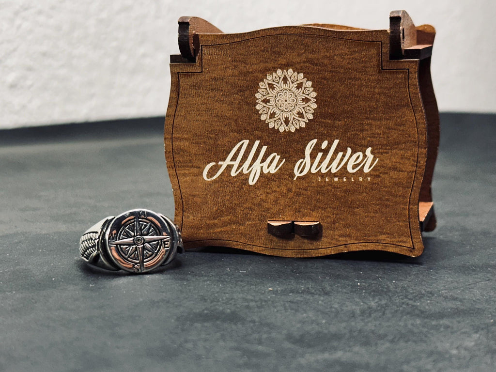 Travel Compass Ring, Sterling Silver, Handmade (Men's Sizes)