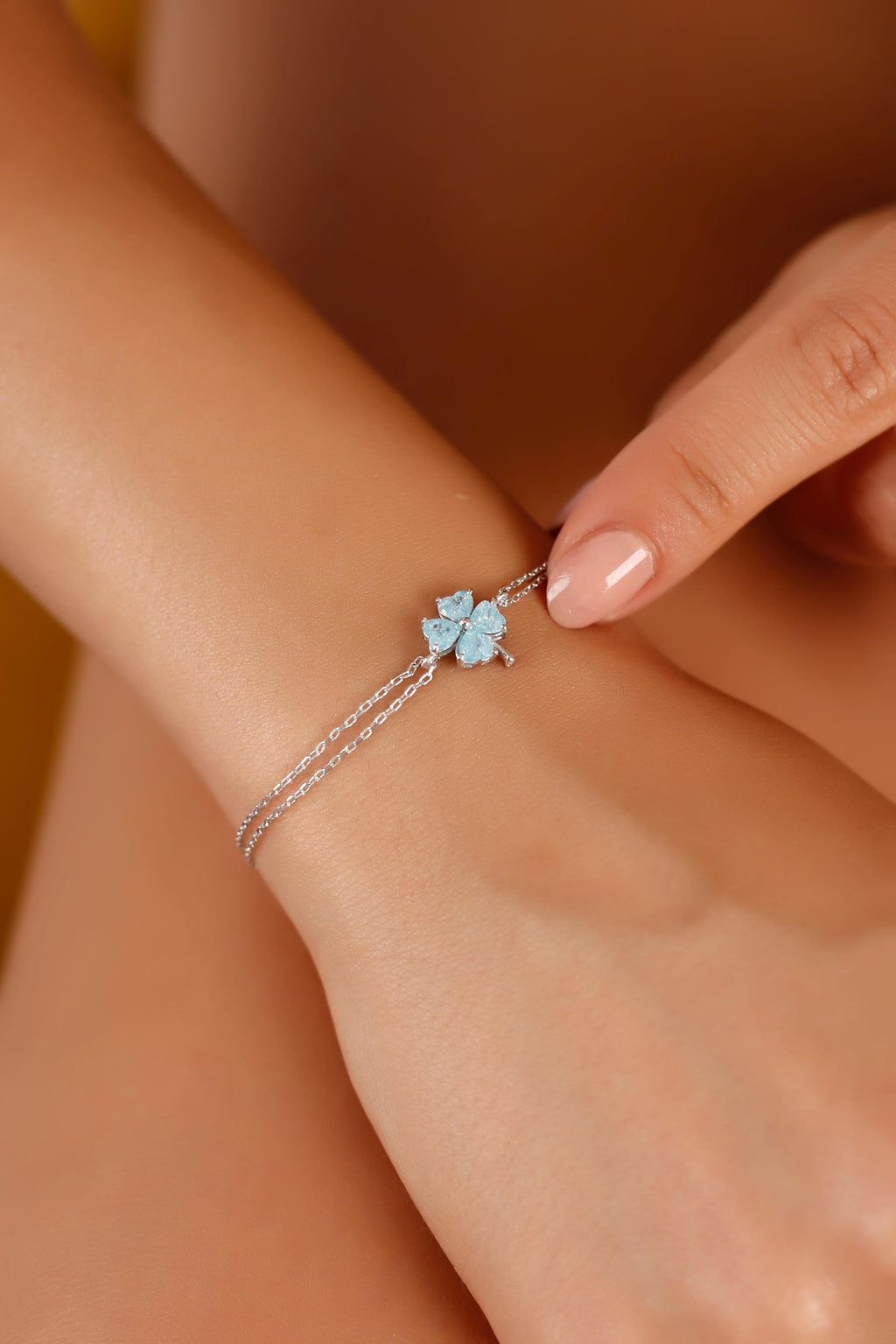 Blue Zircon Clover Bracelet, 925 Sterling Silver Lucky Charm Bracelet, Dainty Blue Stone Jewelry, Valentine Gift, Christmas Gift