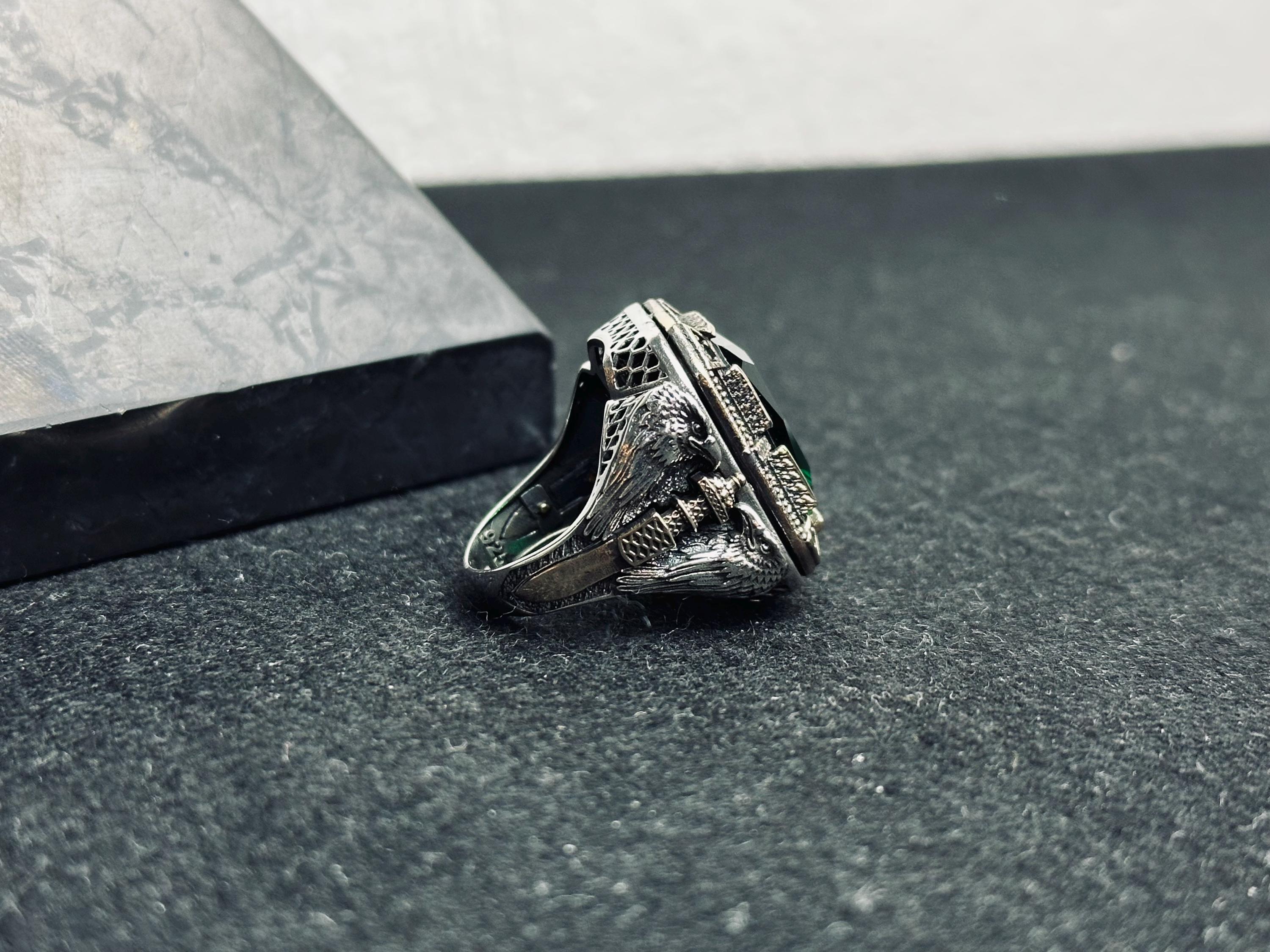 Colombian Emerald Ring for Men: Eagle-Accented Sterling Silver