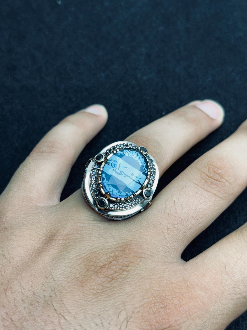 Men's Silver Ring: Aquamarine and Zircon - Arabic Prayer Inscription