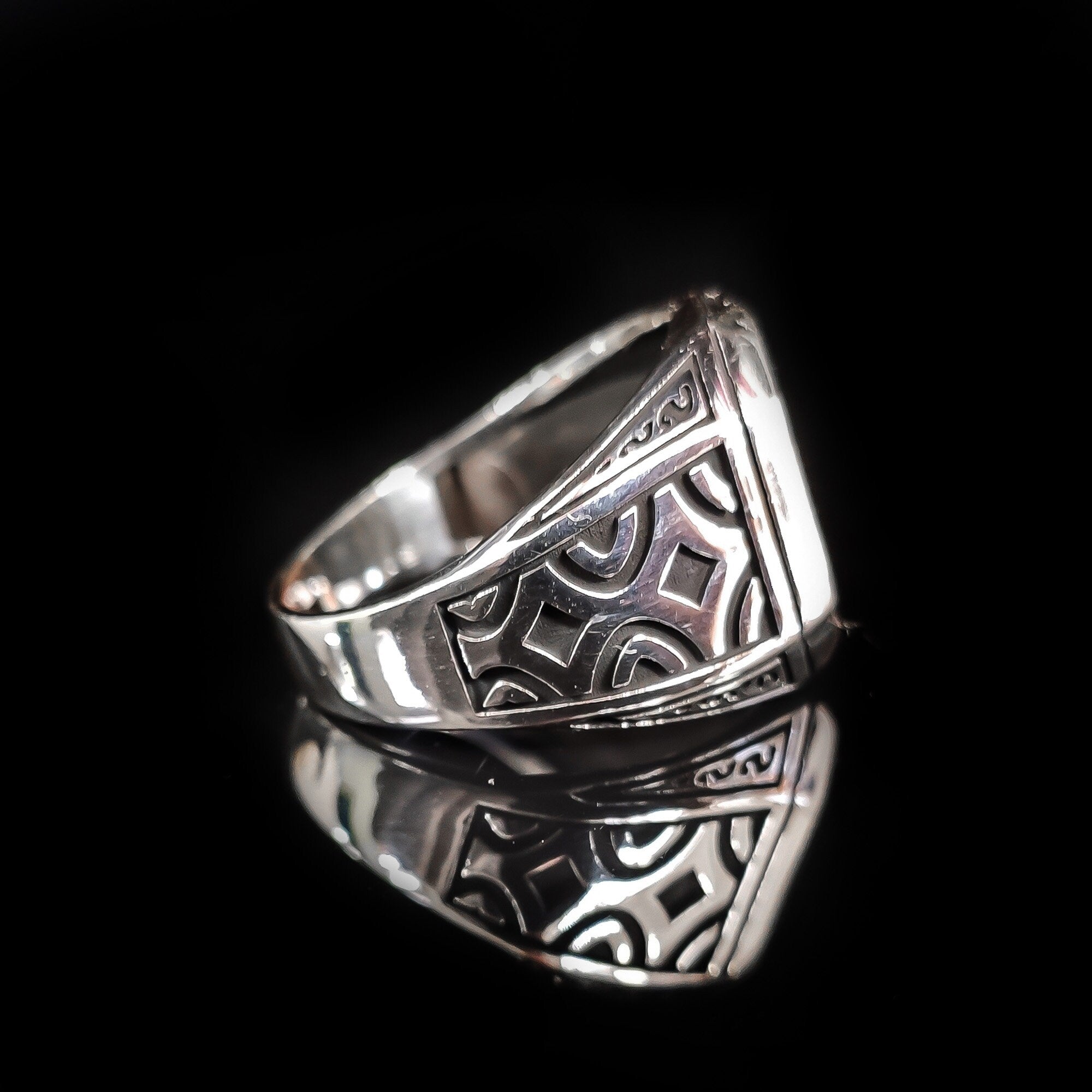 Sterling Silver Signet Ring: Greek Handmade Design (Red Zircon)