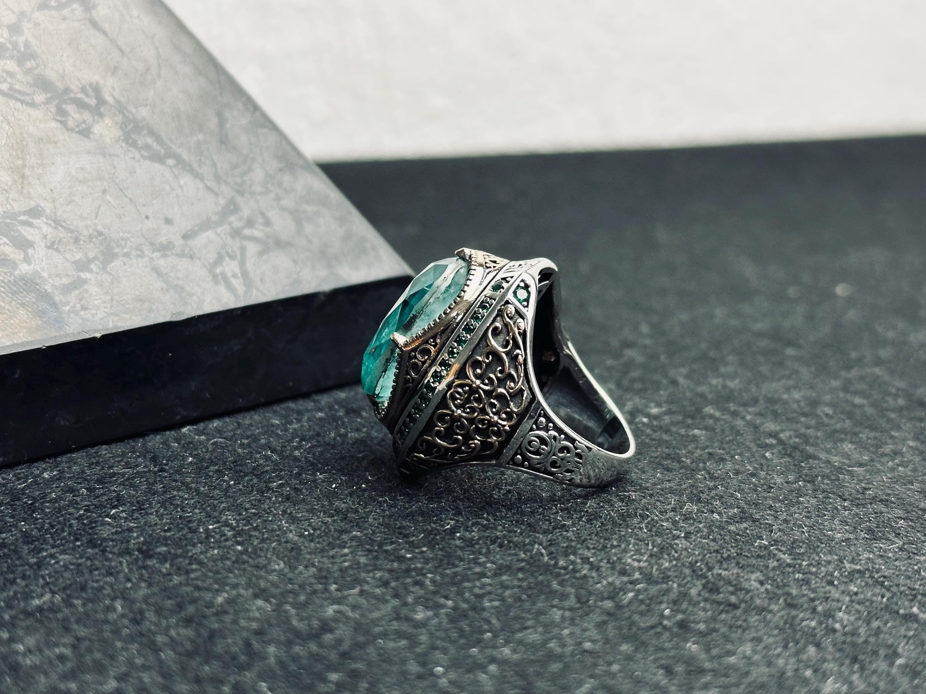 Turkish Aquamarine Ring, Sterling Silver Light Blue (Men's Size)