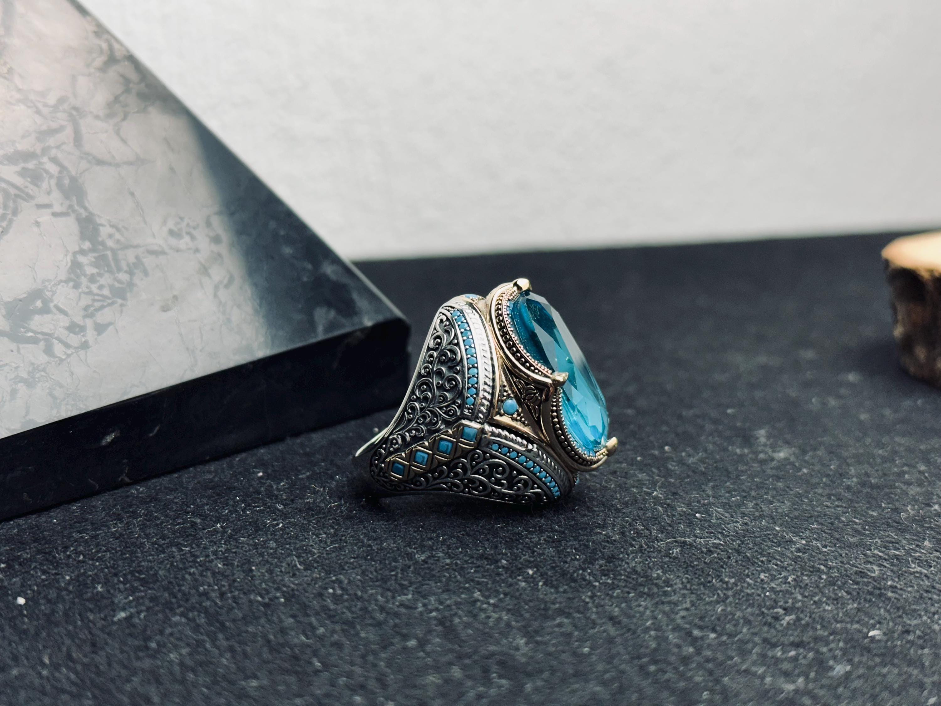 Zulfiqar Sword Ring: Islamic Sterling Silver Jewelry (Blue Zircon)