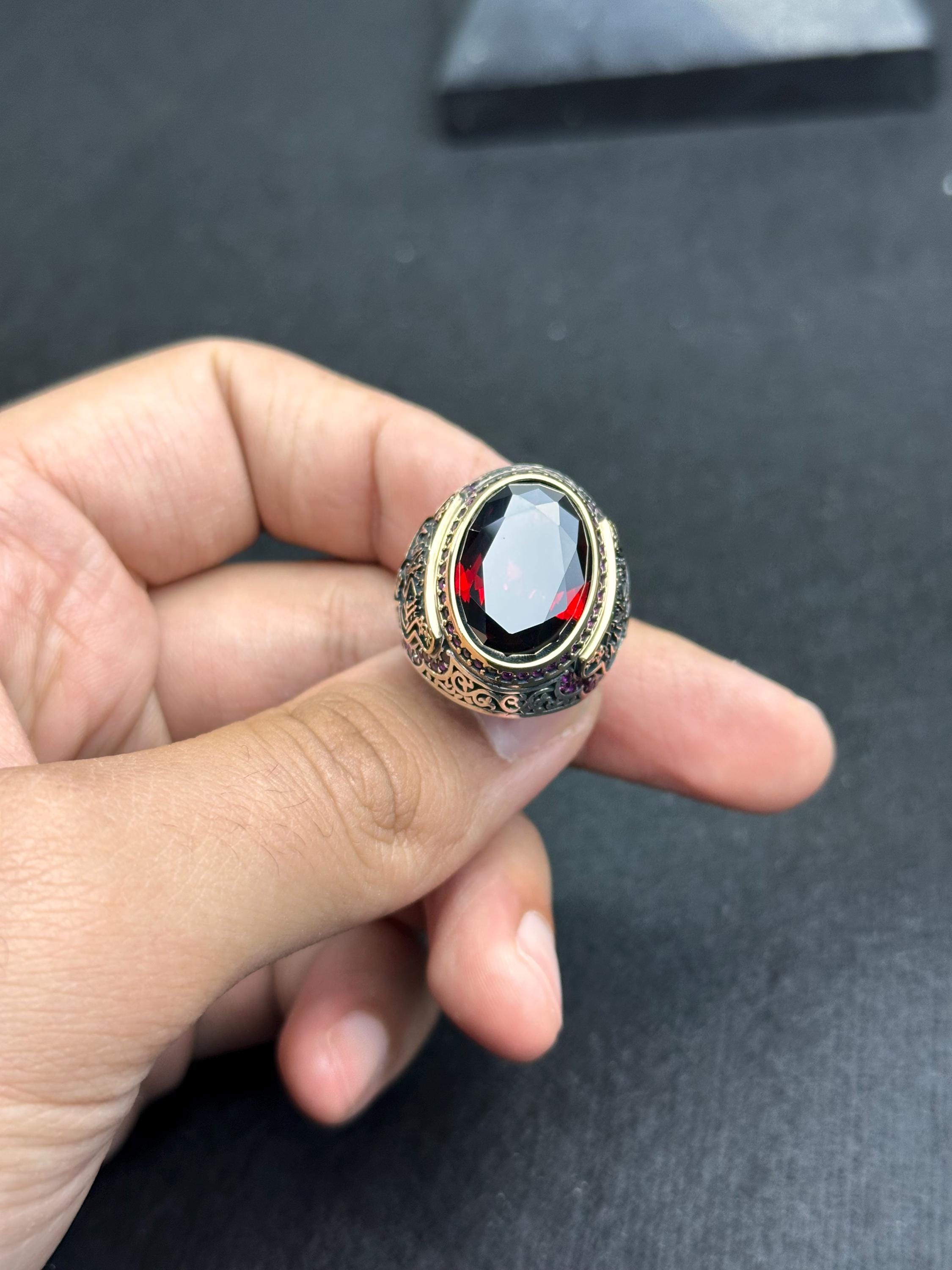 Vintage Sterling Silver Signet Ring, Red Zircon, Arabic Calligraphy (Men's)