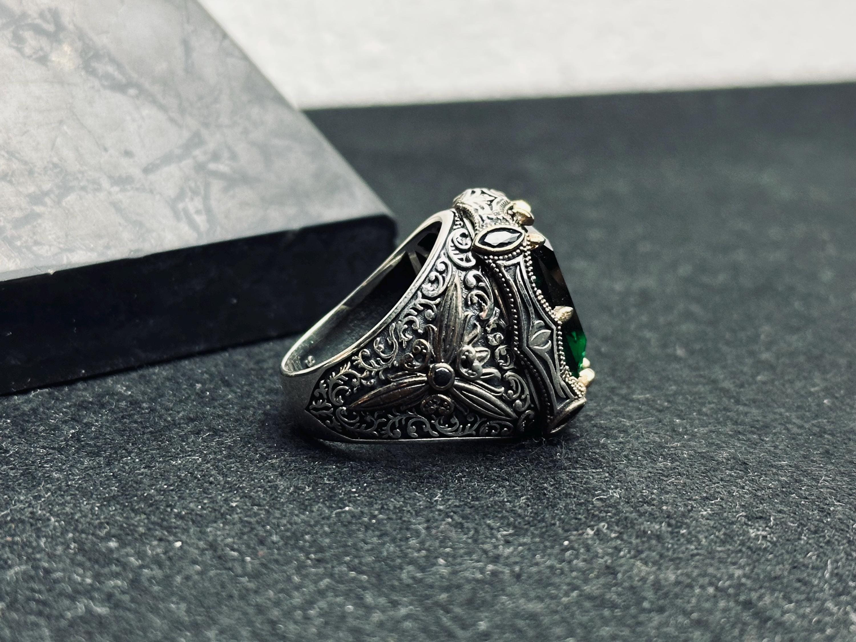 Emerald Men's Ring - Bold Handmade 925 Sterling Silver Turkish Style