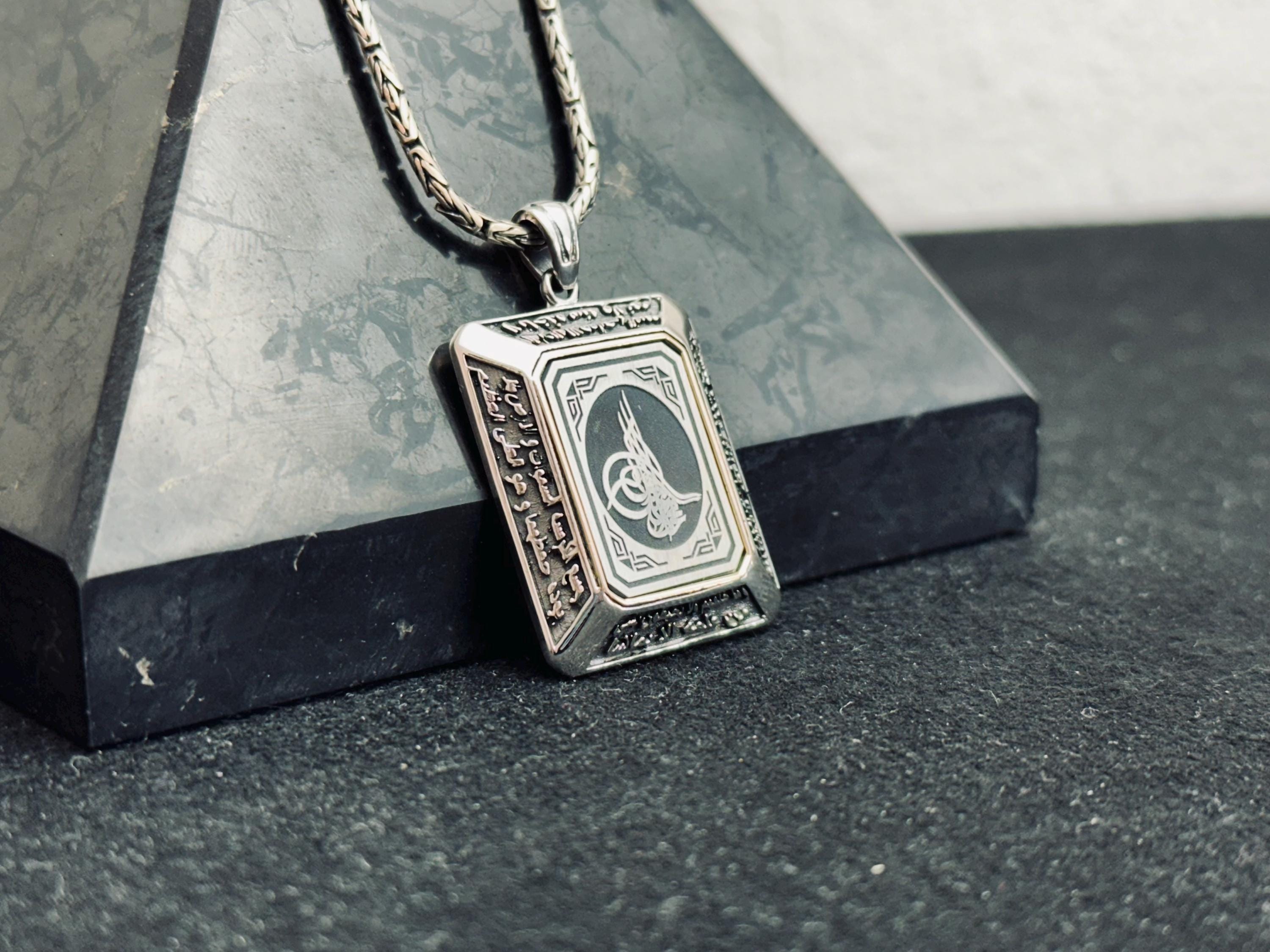 Square Ottoman Seal Necklace - Sterling Silver, Handmade Turkish Pendant