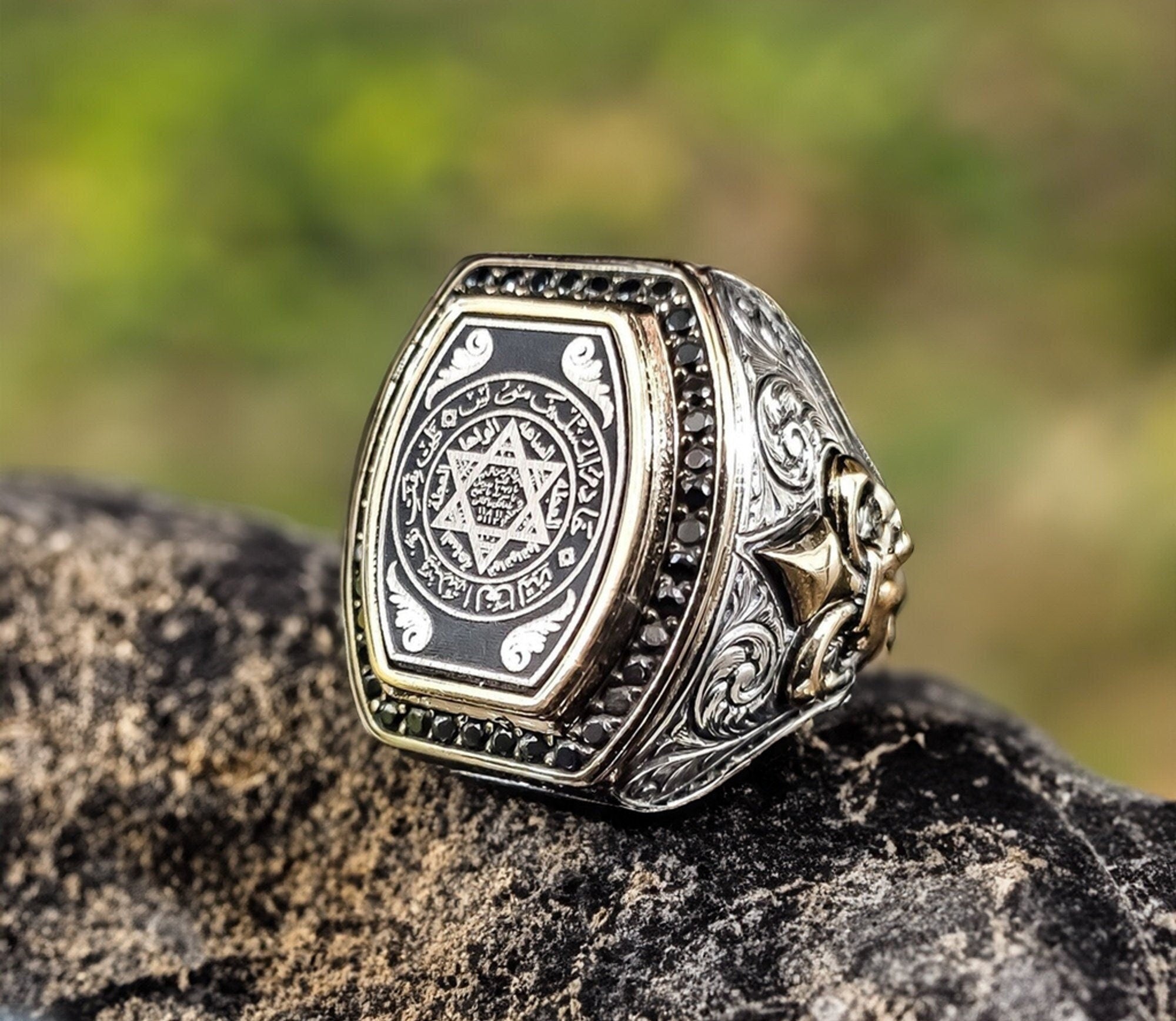 Sterling Silver Ring: Solomon Seal Vintage Design (Handmade, Size Adjustable)