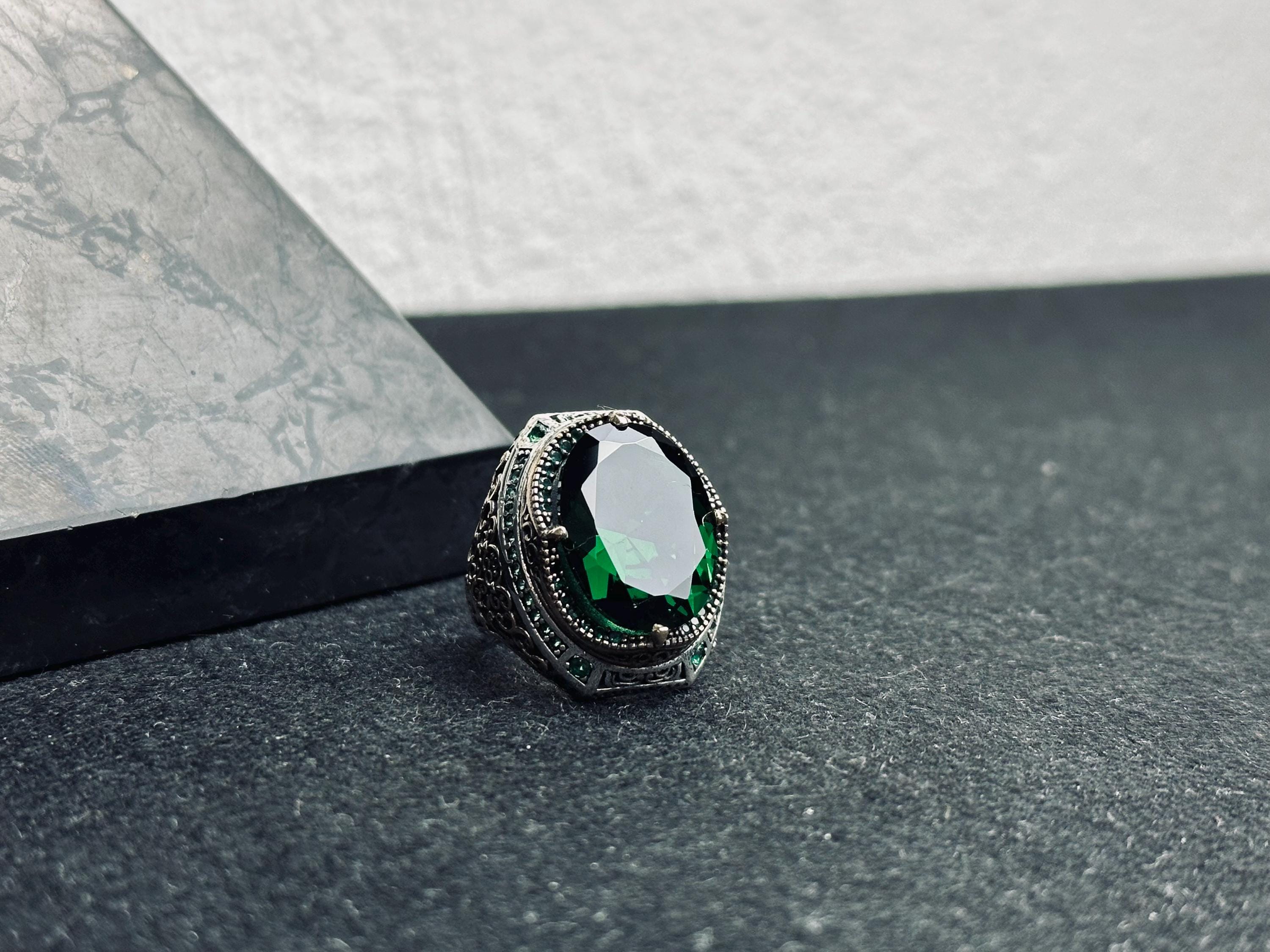 Colombian Emerald Men’s Ring, Oval Stone, Eagle Detail (Sterling Silver)