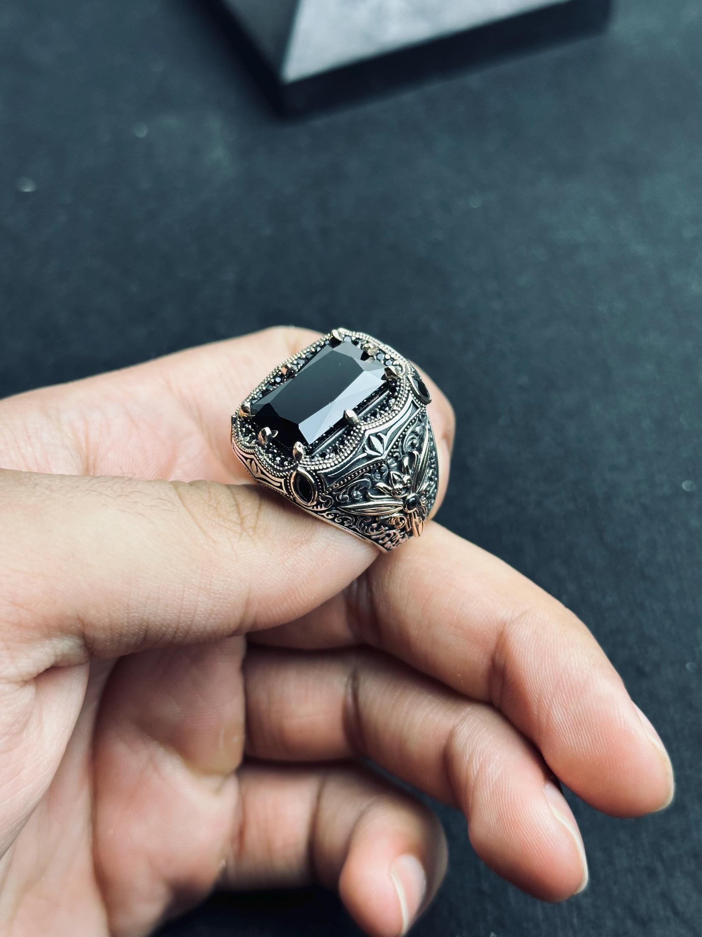 Black Zircon Men's Ring: Handmade Sterling Silver Ottoman Style