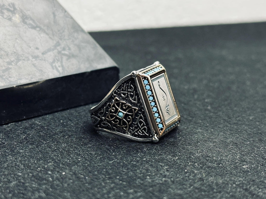 Arabic Calligraphy Silver Ring - Square Shape with Turquoise Detail