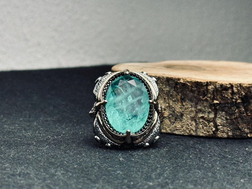 Blue Paraiba Lion Head Ring - Sterling Silver Handmade Men's Statement