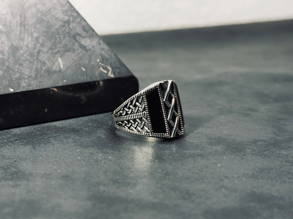 Onyx Ring: Minimalist Sterling Silver (Engraved, Handmade)