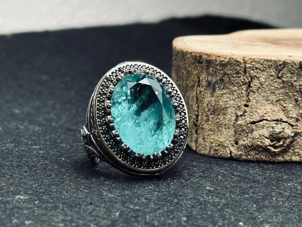 Oval Aquamarine Ring for Men - Sterling Silver Lion Head Signet
