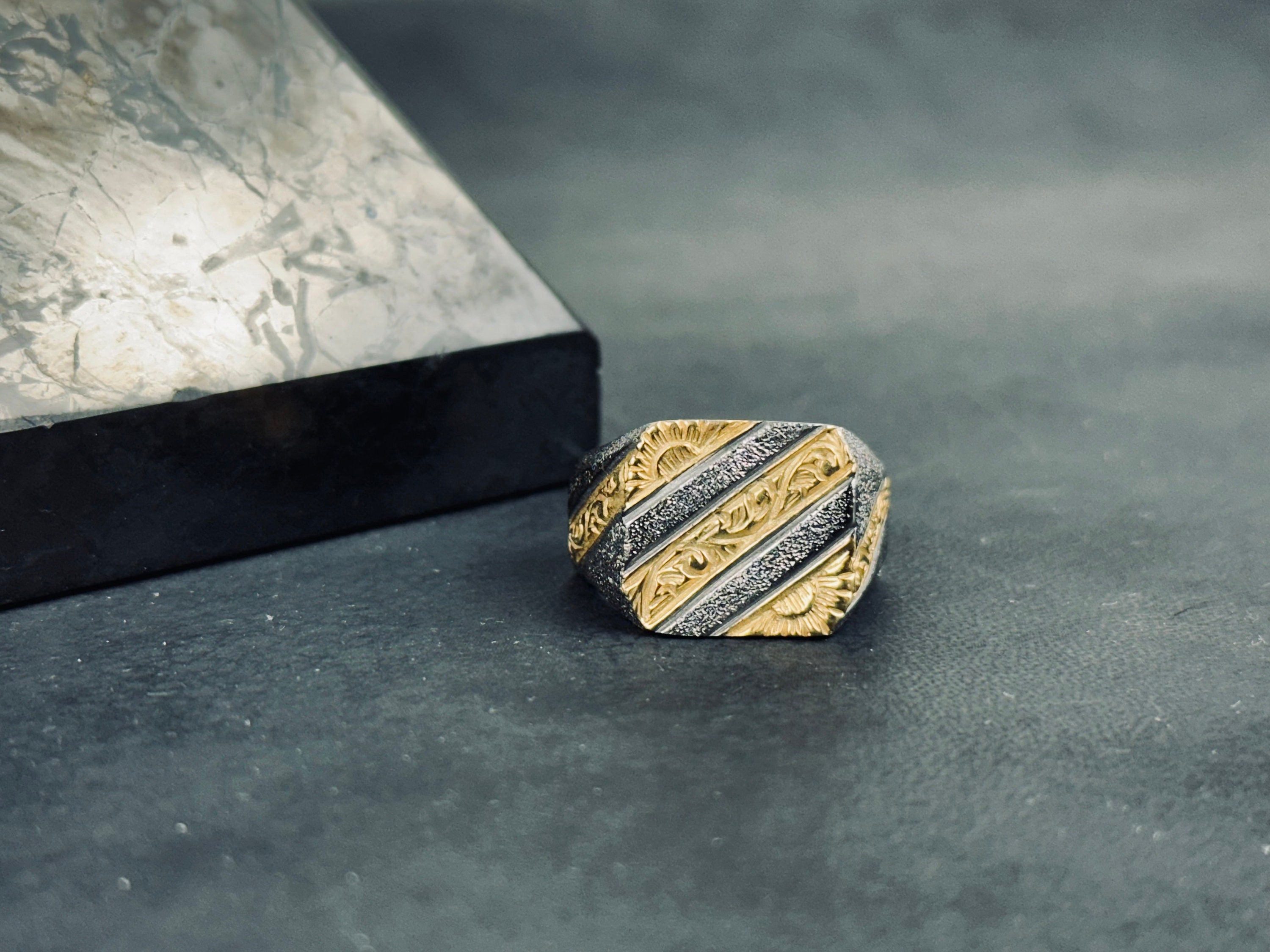 Statement Sterling Silver Ring: Rhodium Engraved Design (Men's Sizes)