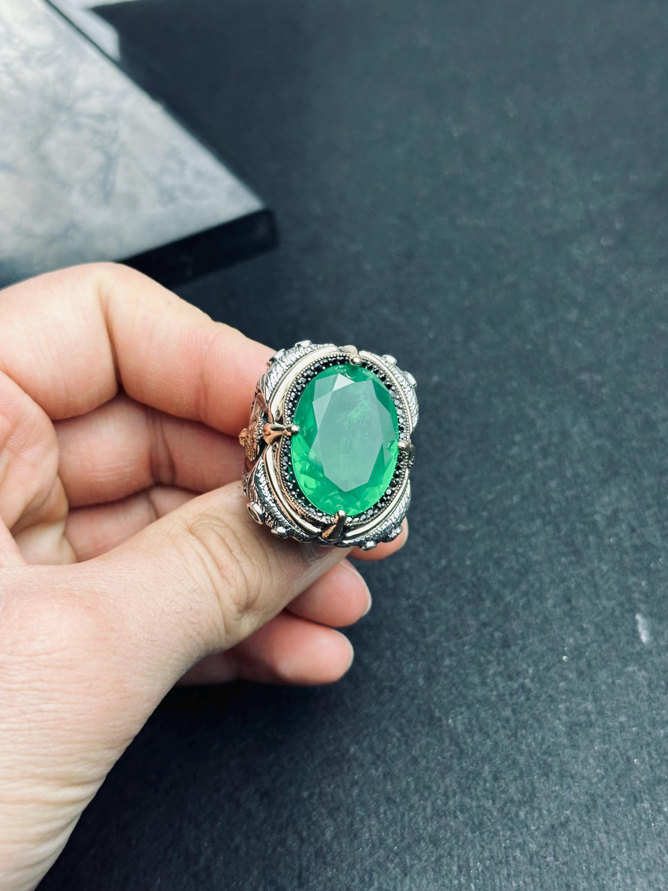Green Tourmaline Men's Silver Ring - Large Lion Head Design